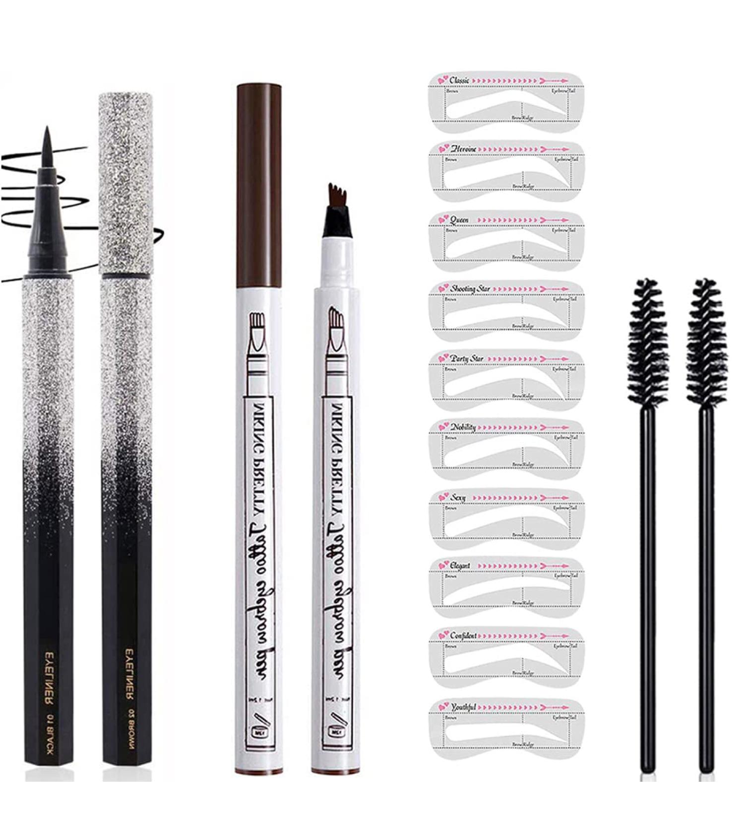 3-in-1 Waterproof Eyebrow Makeup Kit | Eyebrow Tattoo Pencil, Powder, and Eyeliner | Long-Lasting & Buildable | Dark Brown/Black | Includes 10 Stencils - Buy Online on GoSupps.com