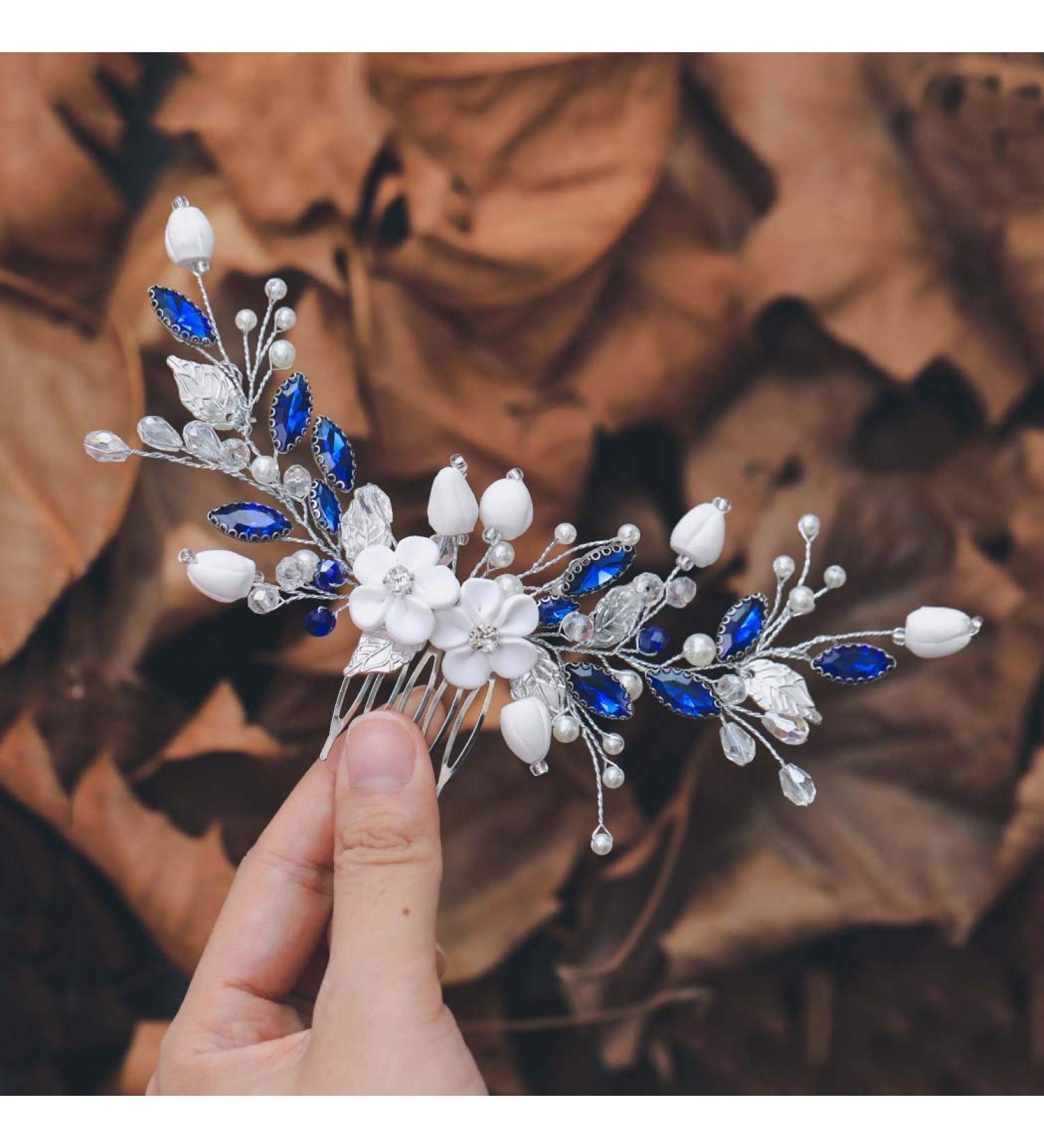 Blue Crystal Bride Wedding Hair Comb - Silver Flower Bridal Hair Accessories for Women and Girls - Buy Online on GoSupps.com