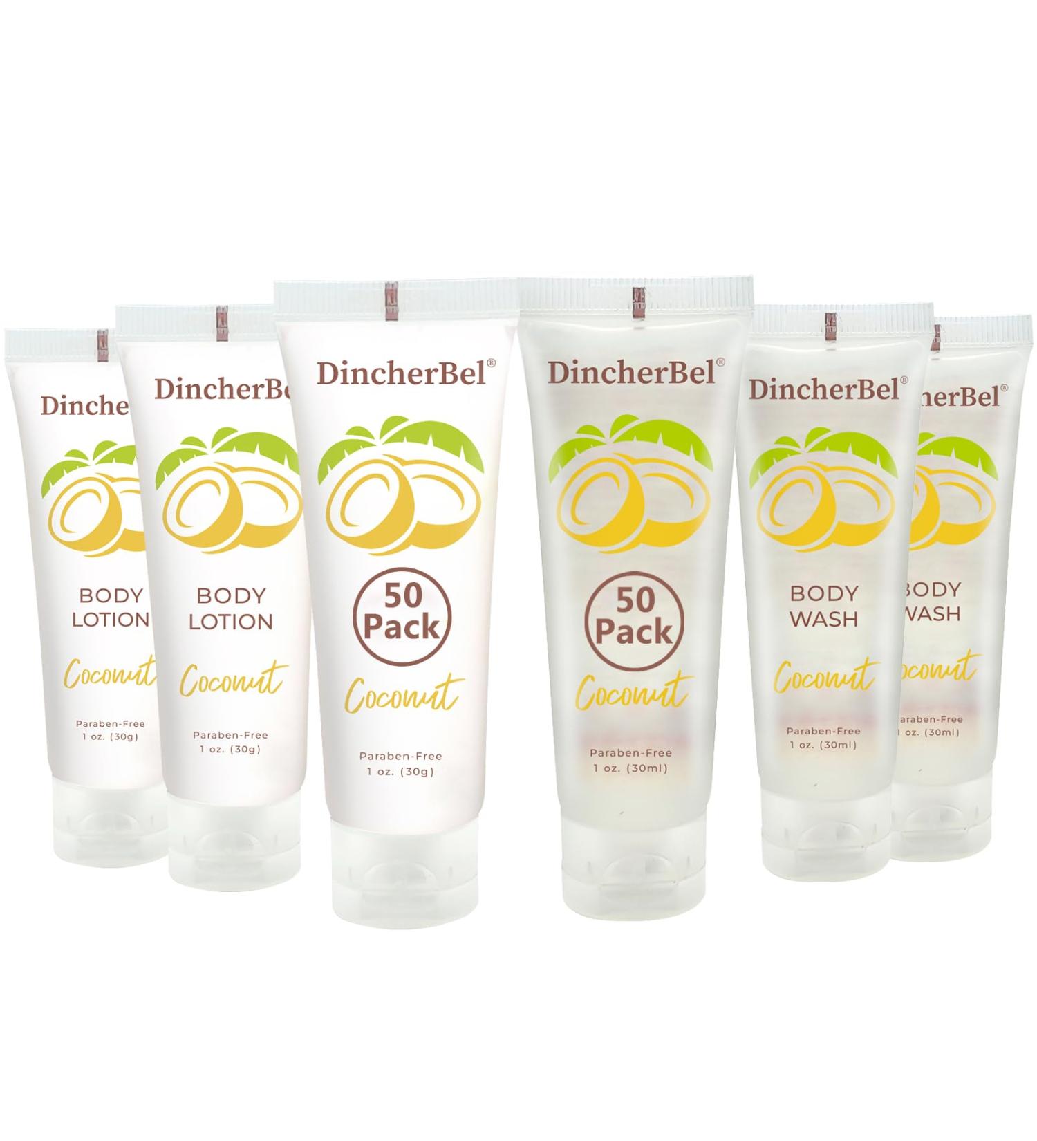 DincherBel Travel Size Body Wash and Body Lotion - Bulk Hotel Toiletries Supplies for Guests - Refreshing Tropical Coconut Scent Shower Gel and Body Cream for Men & Women (1 Fl Oz 100 Pack) - Buy Online on GoSupps.com
