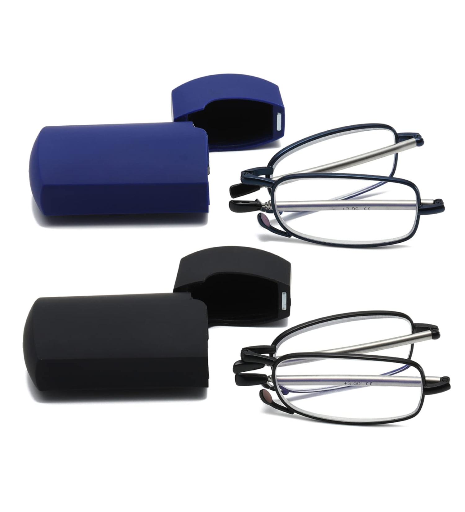 Hubeye Foldable Reading Glasses - Portable Stainless Steel Design with Hard Shell Case | Anti-Blue Light Aid for Men & Women | 1.00 Diopter Blue/Black - Buy Online on GoSupps.com
