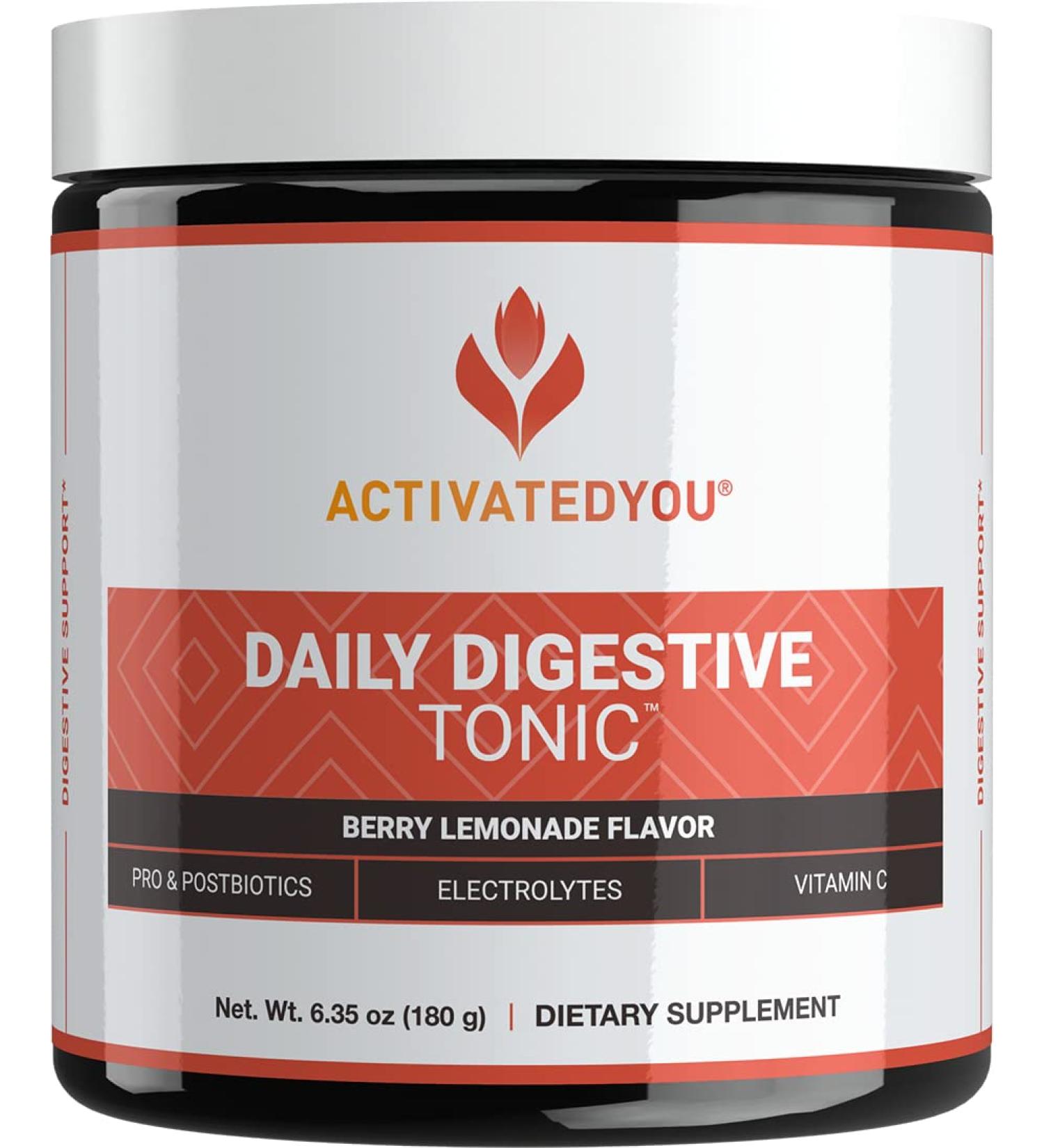 ACTIVATEDYOU Daily Digestive Tonic Kombucha - Support Healthy Digestion & Youthful, Long-Lasting Energy- Prebiotic Fiber, Probiotics, Postbiotics, Vitamin C, Berry Lemonade Flavor (30 Servings) - Buy Online on GoSupps.com