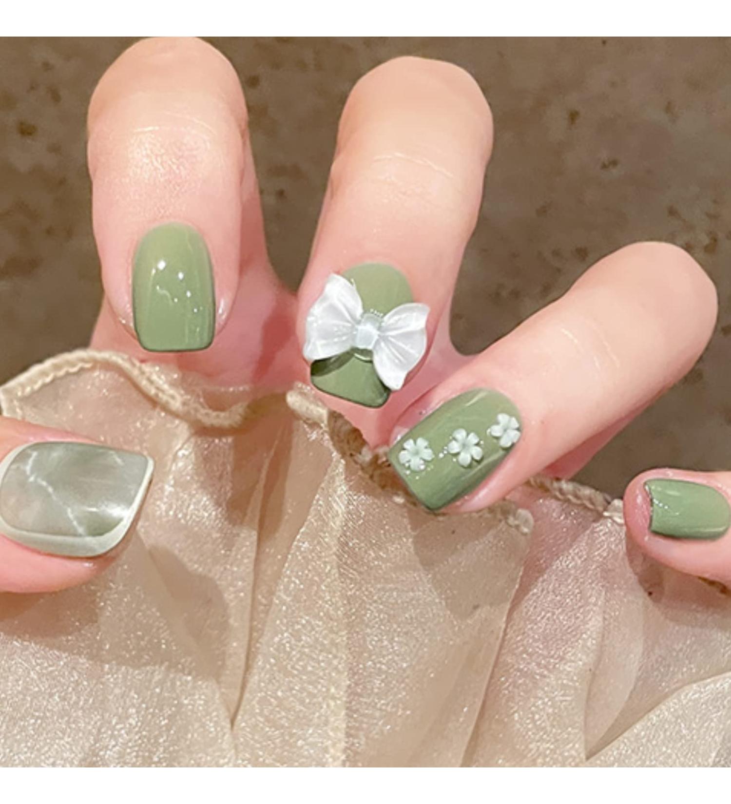 24pcs Press On Nails Medium False Nail Natural Fake Nail with Nail Glue and Adhesive Taps Faux Ongles Squared Green 3D Bowknot Flowers - Buy Online on GoSupps.com