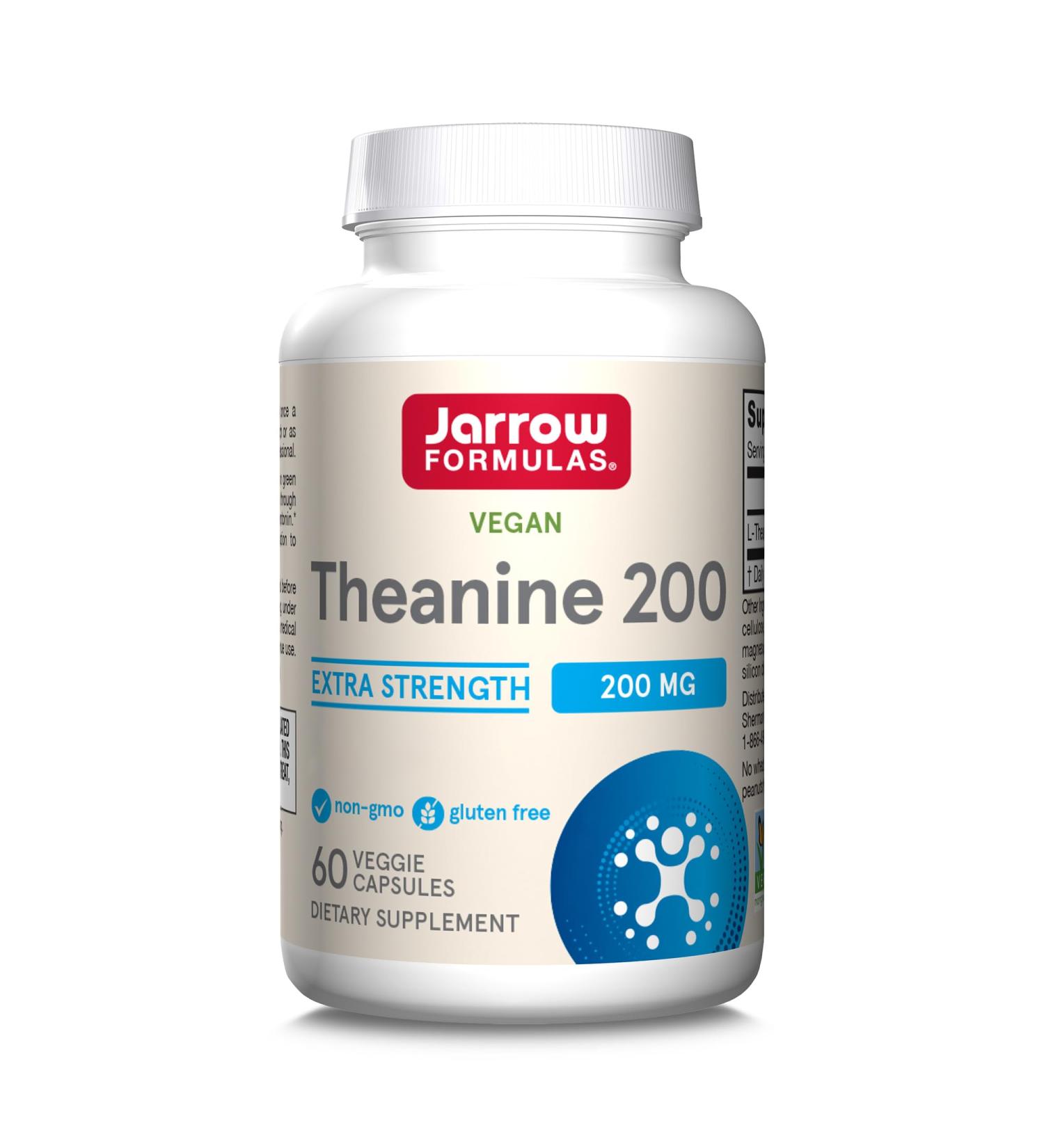 Jarrow Formulas Theanine 200mg High Dosed 60 Vegan Capsules Lab Tested Gluten Free Soy Free Vegetarian Non-GMO - Buy Online on GoSupps.com