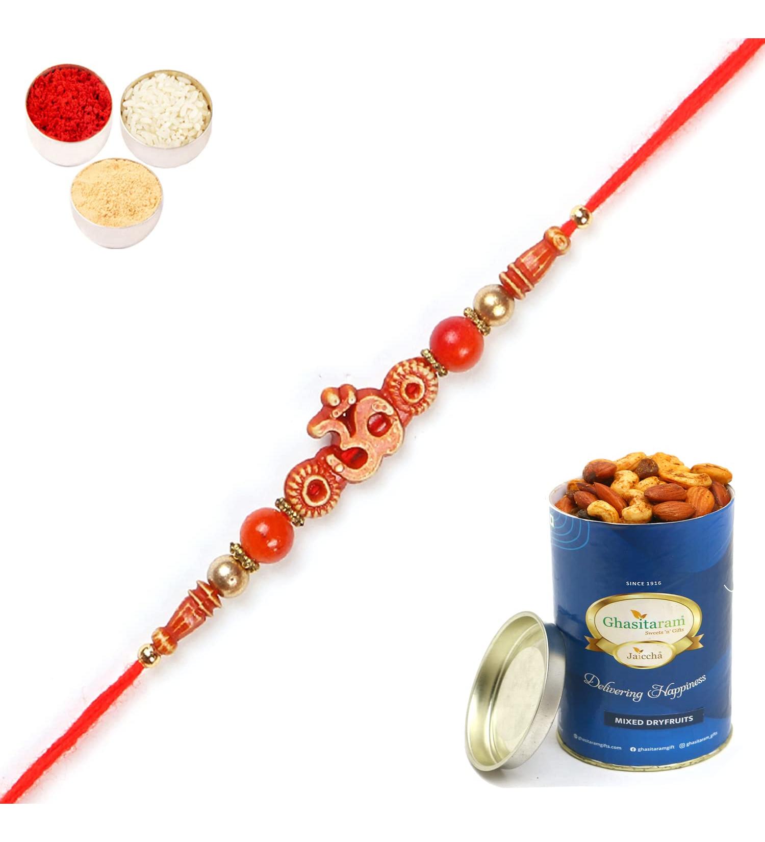 Ghasitaram Gifts Rakhis Online for Brother- 5504 Rakhi Thread with 100 GMS of Dryfruits Mix Can Rakhi with 100 gms of Dryfruits Mix Can - Buy Online on GoSupps.com