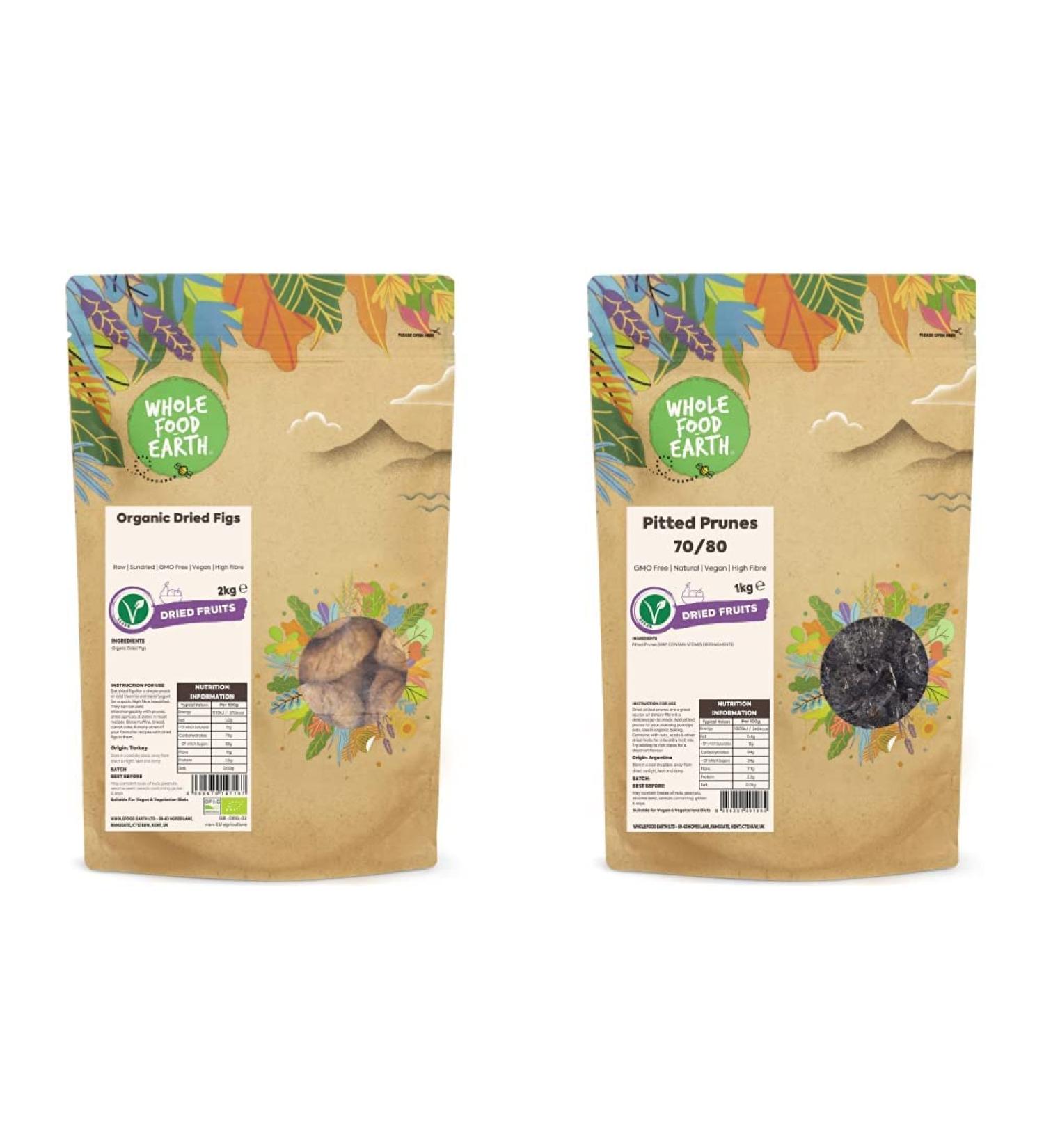 Wholefood Earth Organic Dried Figs 2 kg | Raw | Sundried | GMO Free | Vegan | High Fibre | Certified Organic & Pitted Prunes 70/80 1kg | GMO Free | Natural | Vegan | High Fibre - Buy Online on GoSupps.com