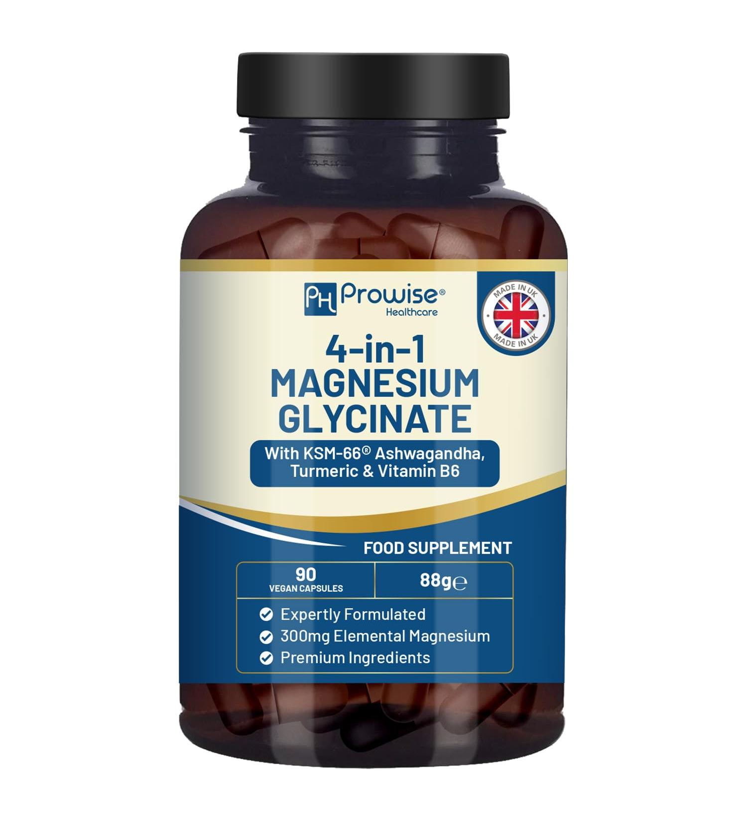 4-in-1 Magnesium Glycinate Added with KSM-66 Ashwagandha Turmeric and Vitamin B6 | 90 Vegan Capsules | 4 001 mg per Serving | Easy to Swallow Capsule | GMO & Gluten Free | Premium Quality by Prowise - Buy Online on GoSupps.com