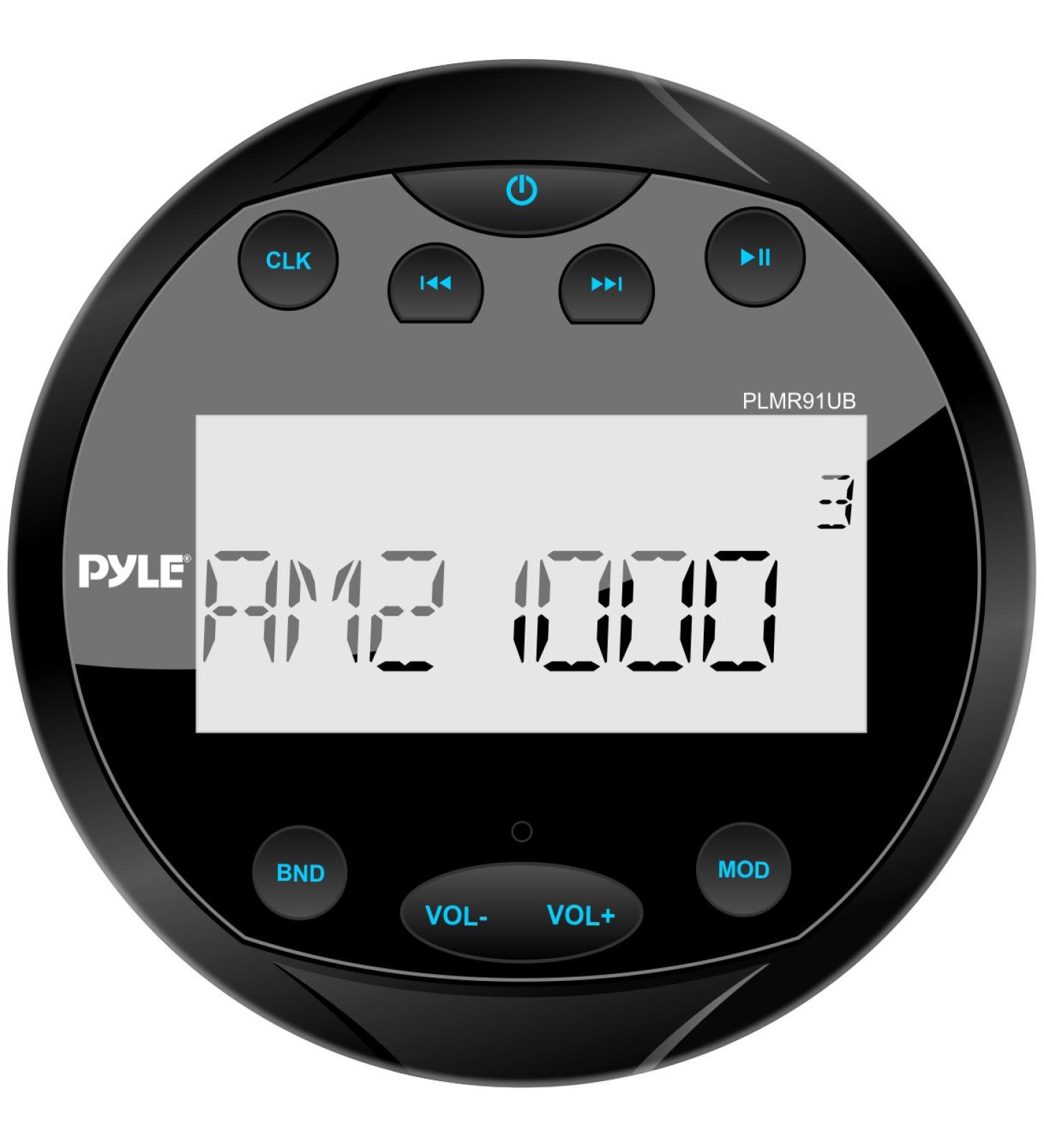 Pyle PLMR91UB Black Round Waterproof Marine Stereo Receiver with Bluetooth, AM/FM, LCD Display - 4x28W Boat In-Dash Radio System - Buy Online on GoSupps.com