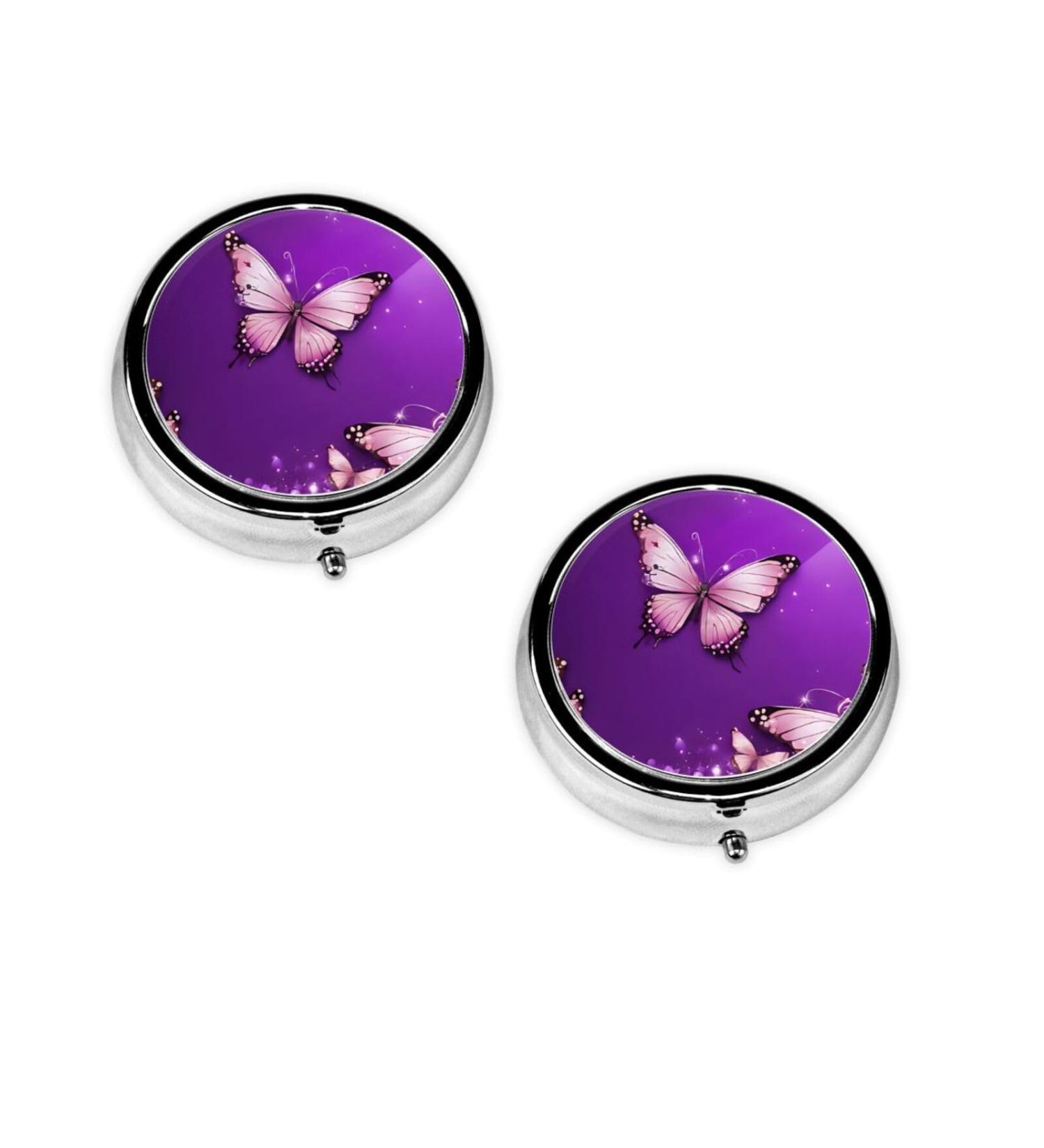 Purple Butterflies Mini Round Pill Box | 3 Compartment Travel Organizer for Medicine | Portable Pill Case for Home & Office - Buy Online on GoSupps.com