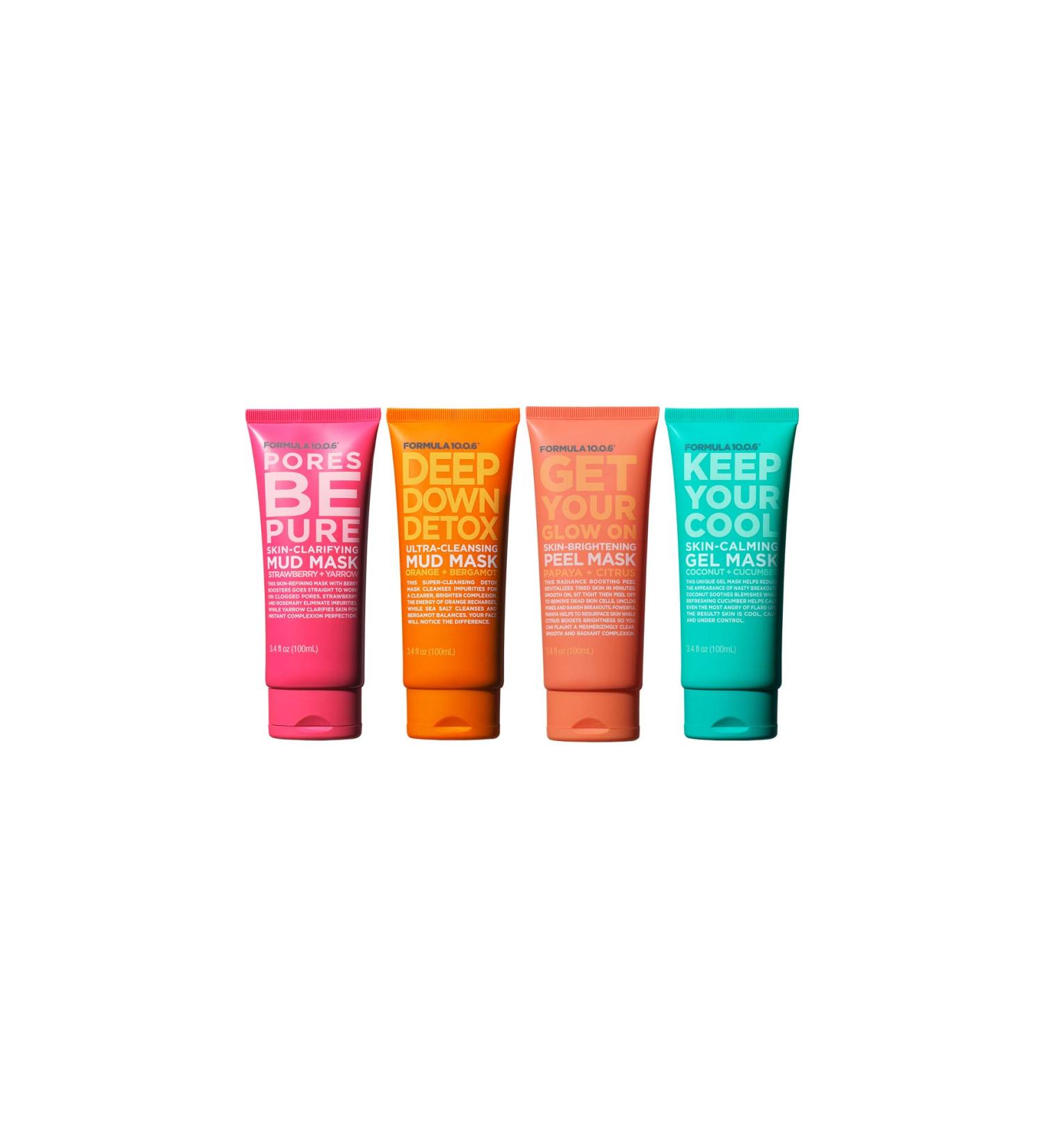 Formula 10.0.6 Mask Collection - Vegan 4 Piece Kit | Pores Be Pure Get Your Glow On Deep Down Detox & Keep Me Clean - Paraben-Free Sulfate-Free Dye-Free Cruelty-Free - Ship Internationally - Buy Online on GoSupps.com