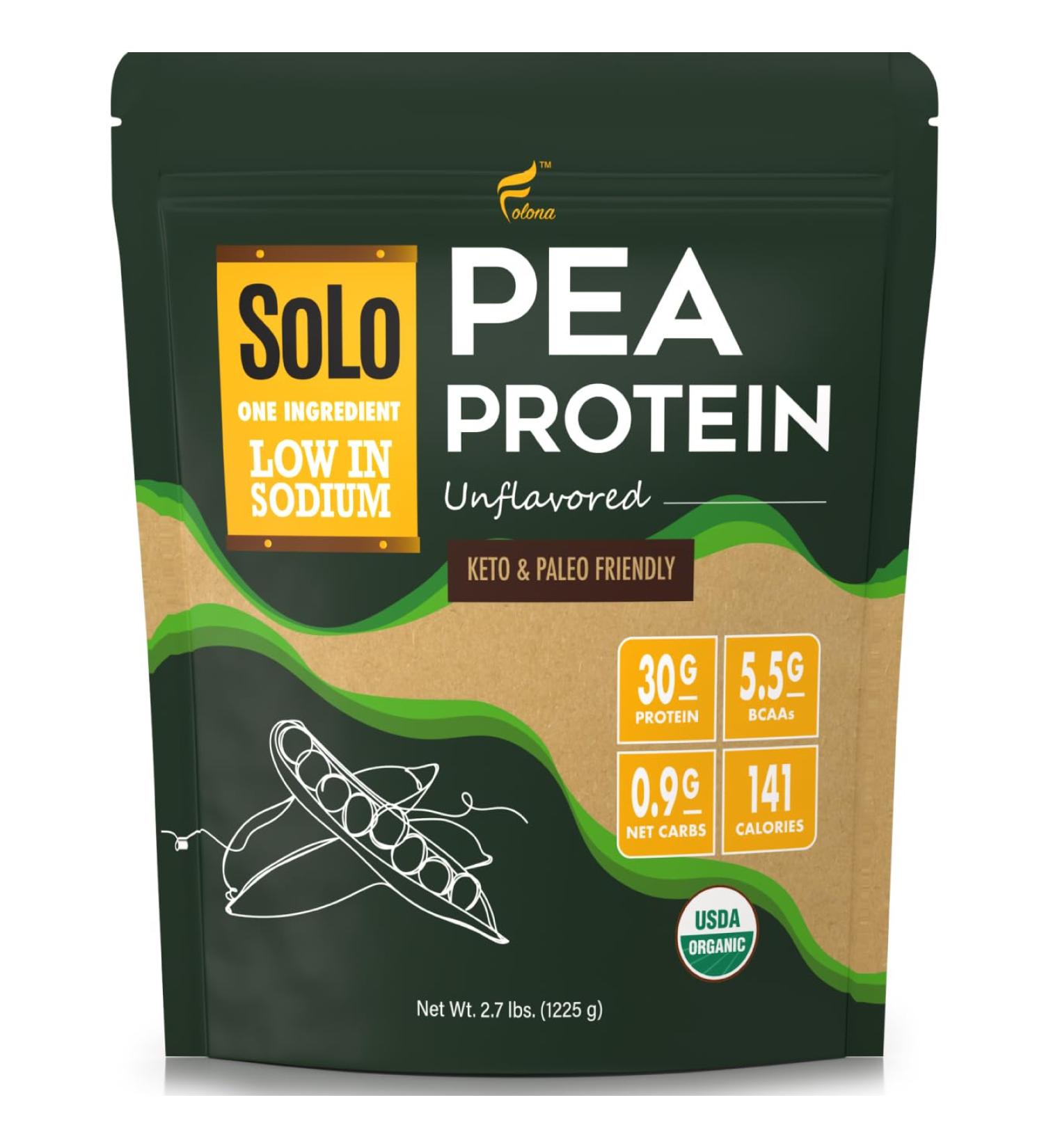 Solo Organic Pea Protein Powder - Vegan Non-GMO Low Sodium Canadian Grown Unflavored Plant-Based Protein with BCAA (2.7 lbs - Buy Online on GoSupps.com