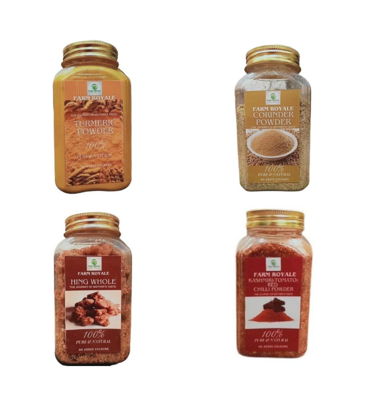 Farm Royale Spice combo ||Turmeric powder Corinder powder Hing whole Kashmiri Tomato Red Chilli(Lal Mirch powder||(200gm 200gm 200gm 200gm)100% Pure and Natural||Export Quality||Hand picked materrial - Buy Online on GoSupps.com