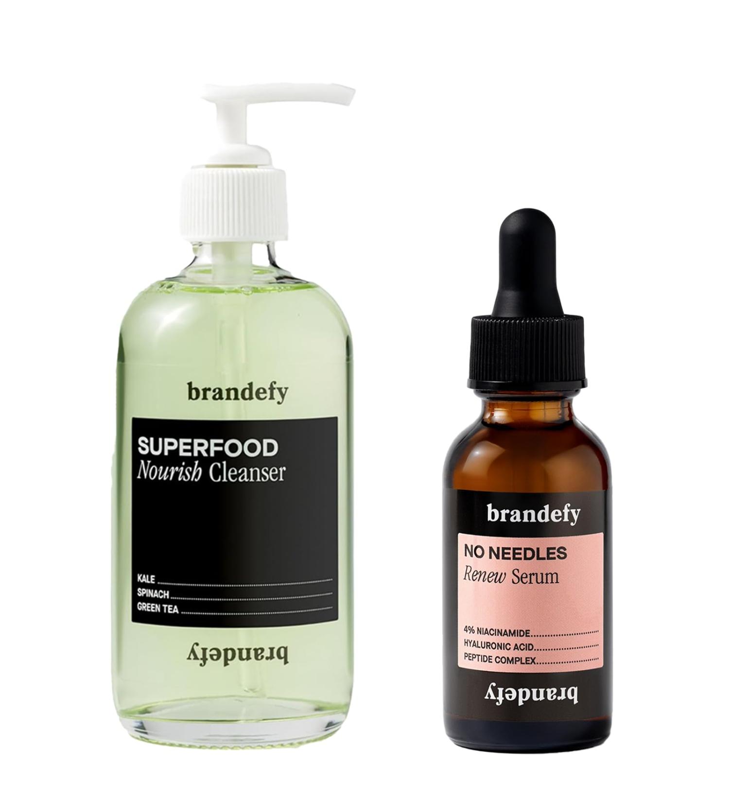Brandefy Superfood Face Wash & No Needles Niacinamide Serum Duo - Cleanser w/Kale Green Tea Spinach Vitamin C E K2 and Serum w/Hyaluronic Acid - Soft Smooth Firm & Dewy Skin - Buy Online on GoSupps.com