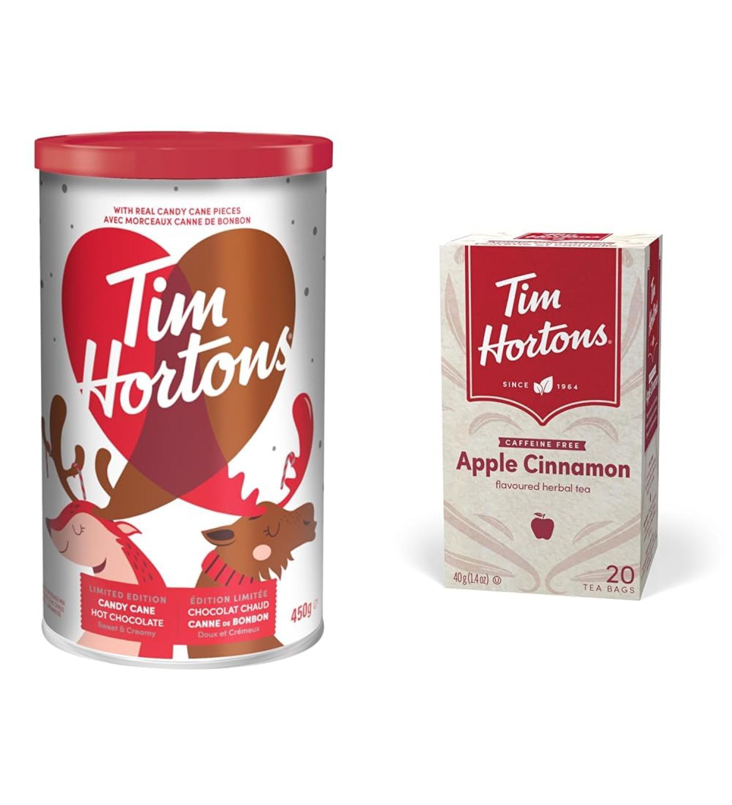 Tim Hortons Candy Cane Hot Chocolate Beverage Mix Limited Time Offer 450g Can & Apple Cinnamon Tea Bags Herbal Tea Decaffeinated 20 Count Flavored Drink Concentrate+Apple Cinnamon Tea - Buy Online on GoSupps.com