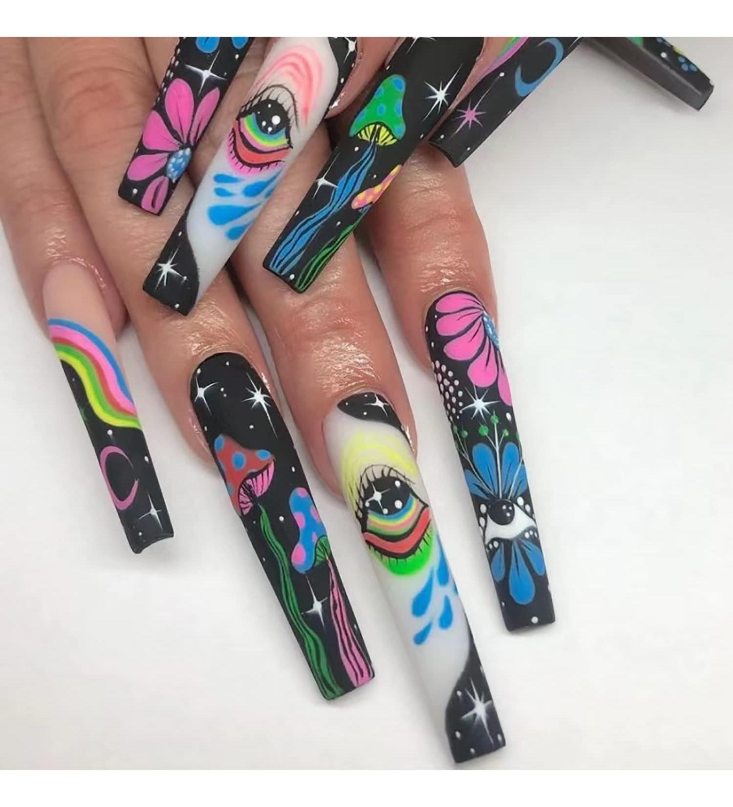 Graffiti Flower Full Cover Coffin Fake Nails with Rainbow Designs - Nail Art Decor for Women & Girls - Buy Online on GoSupps.com