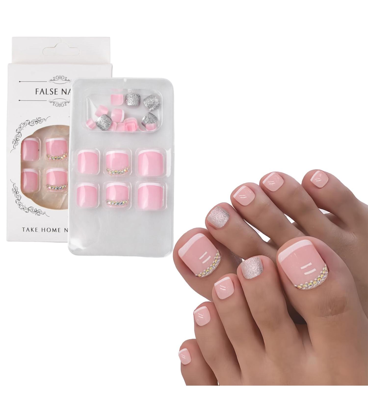 24 Pieces French False Toenails Tips Full Cover Short Fake Toe Nails Glossy Rhinestones Press on Toenails with Nail Glue Nude Glitter Stick on Toenails for Women Toenail Decorations - Buy Online on GoSupps.com