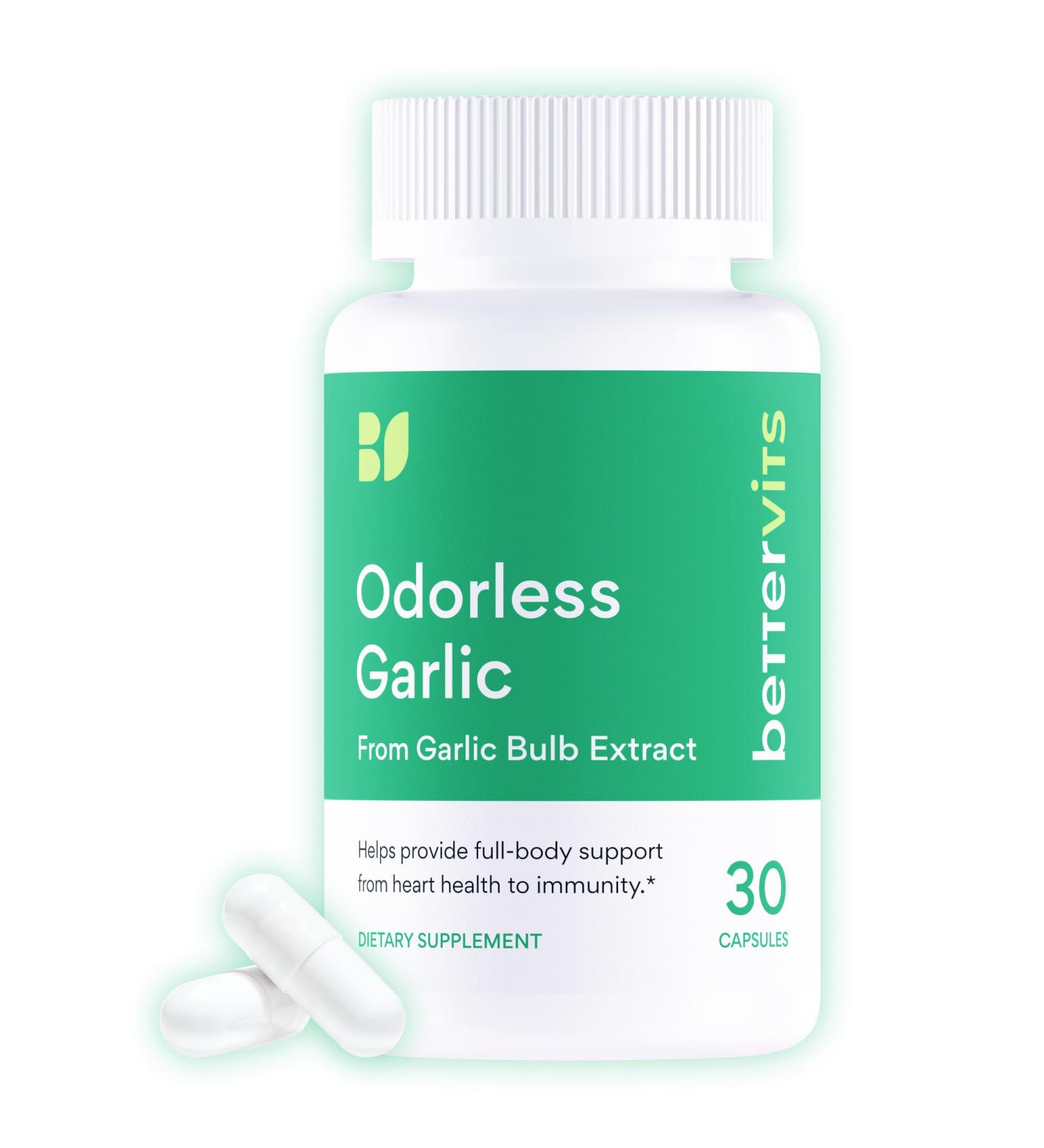 Bettervits Odorless Garlic Supplements 1000mg | High Strength Garlic Extract with Allicin | Vegan Garlic Supplement for Heart Circulation and Immune Support 30 Capsules