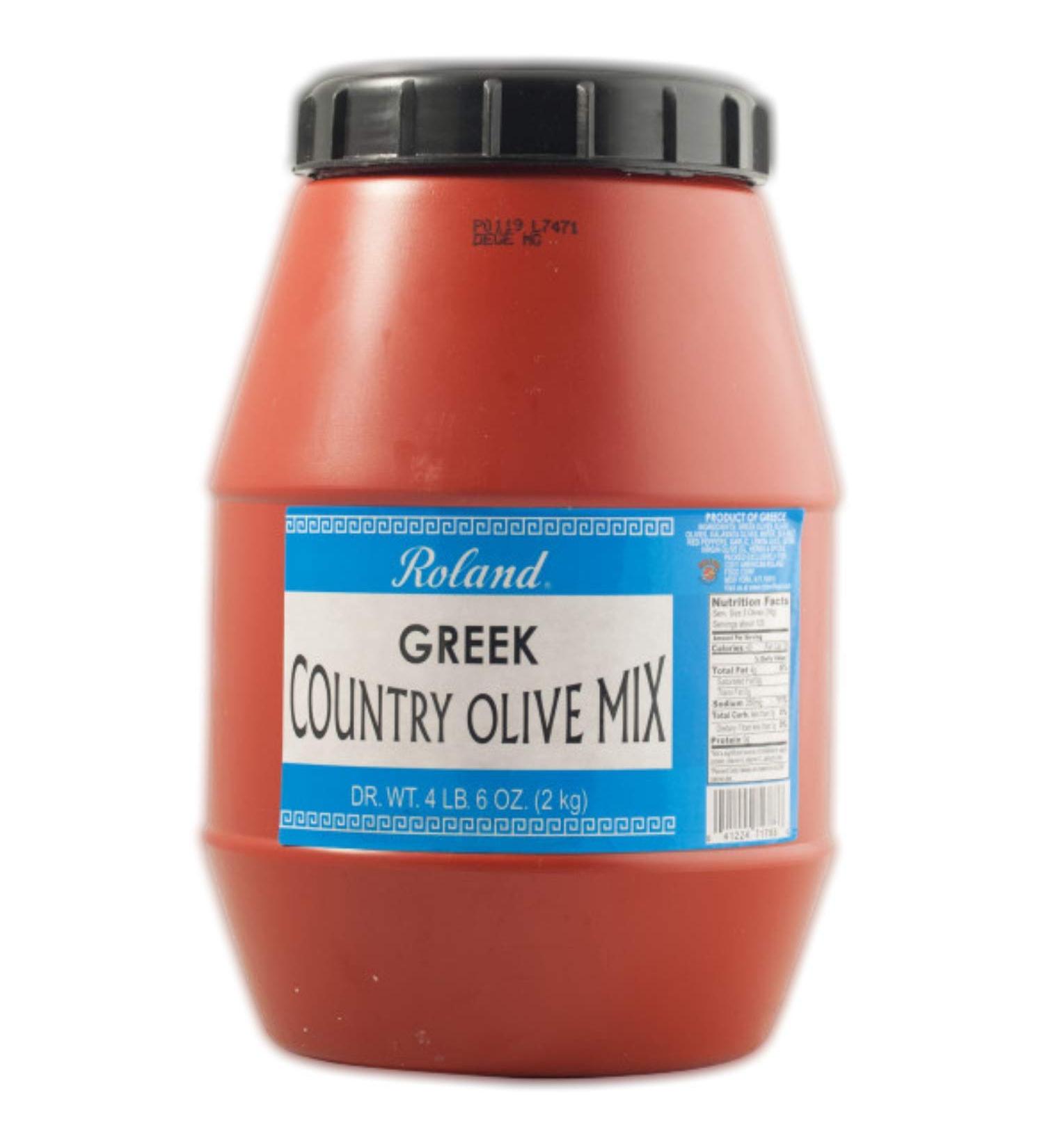 Roland Foods Greek Country Olive Mix  Whole Olives Marinated with Garlic and Pepperoncini Peppers  Specialty Imported Food  4 Lb 6 Oz Tub - Buy Online on GoSupps.com