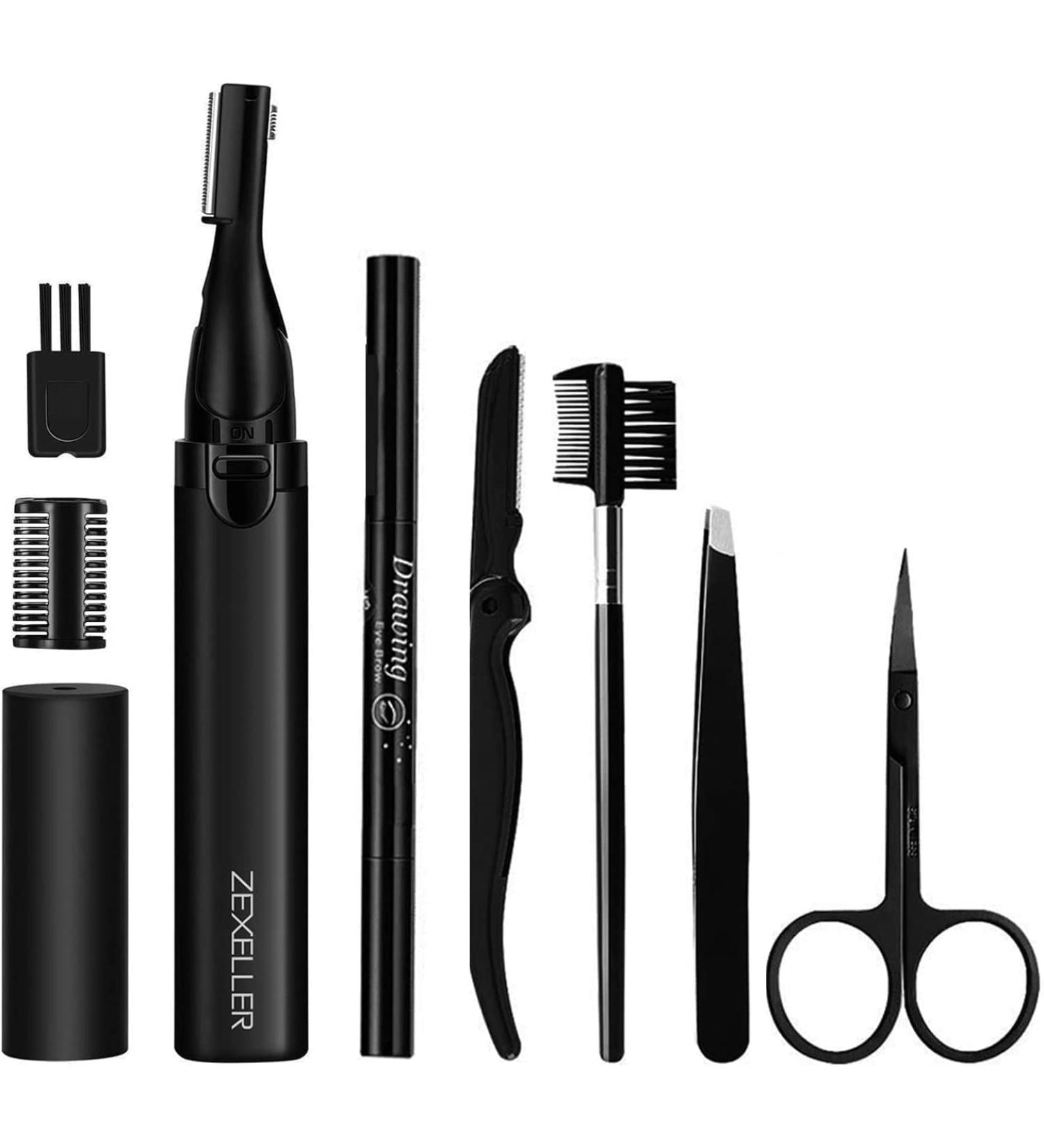 9-in-1 Eyebrow Trimmer Kit | Grooming Set with Scissors, Electric Razor, Tweezer, Shaping Tool & Brush - Black - Buy Online on GoSupps.com