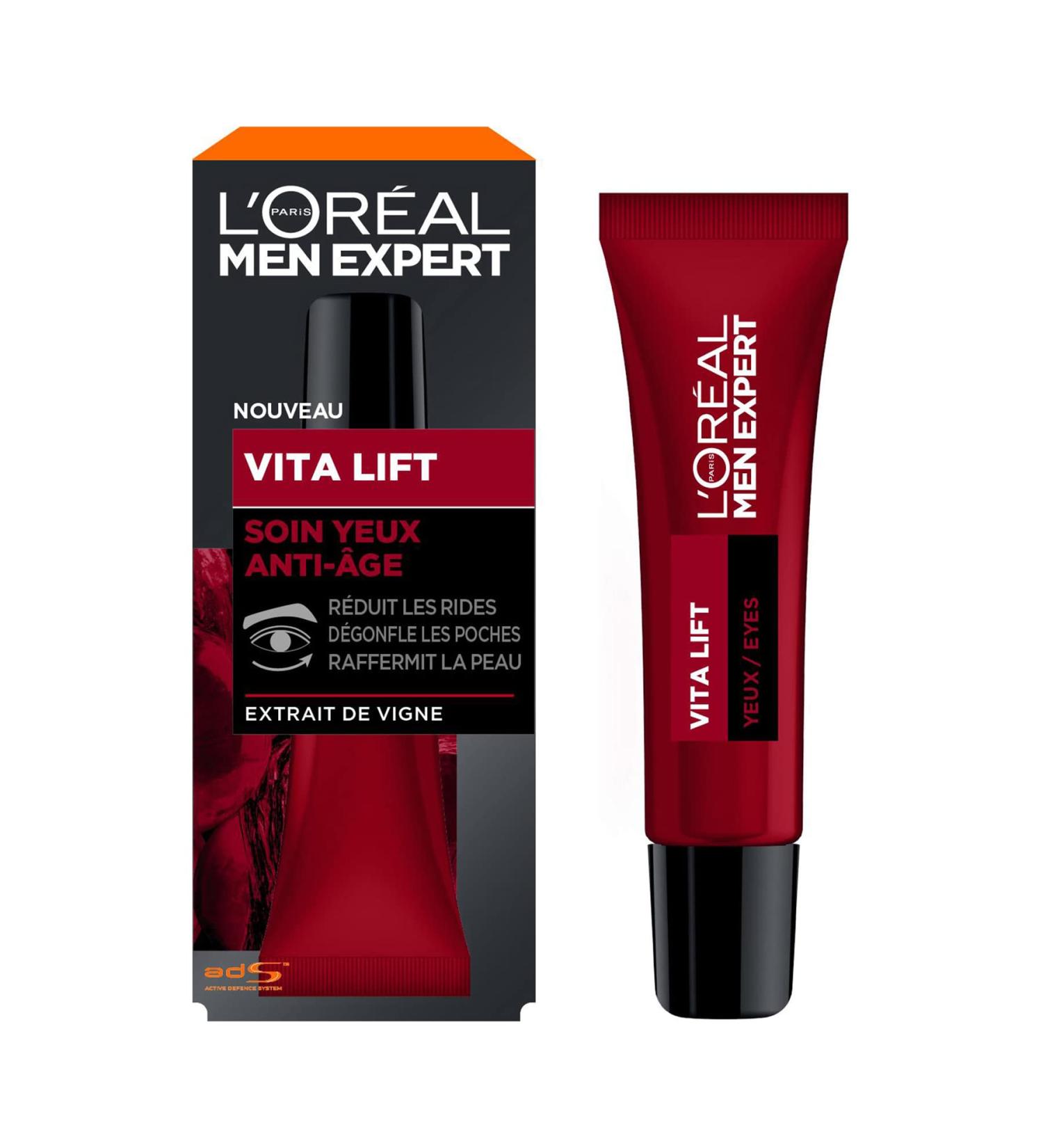 L'Or al Men Expert - Anti-Aging & Anti-Dark Circles Moisturizing Eye Cream for Men - Energizing & Firming - Enriched with Red Vine Extract - All Skin Types - Vita Lift - 15 ml - Buy Online on GoSupps.com