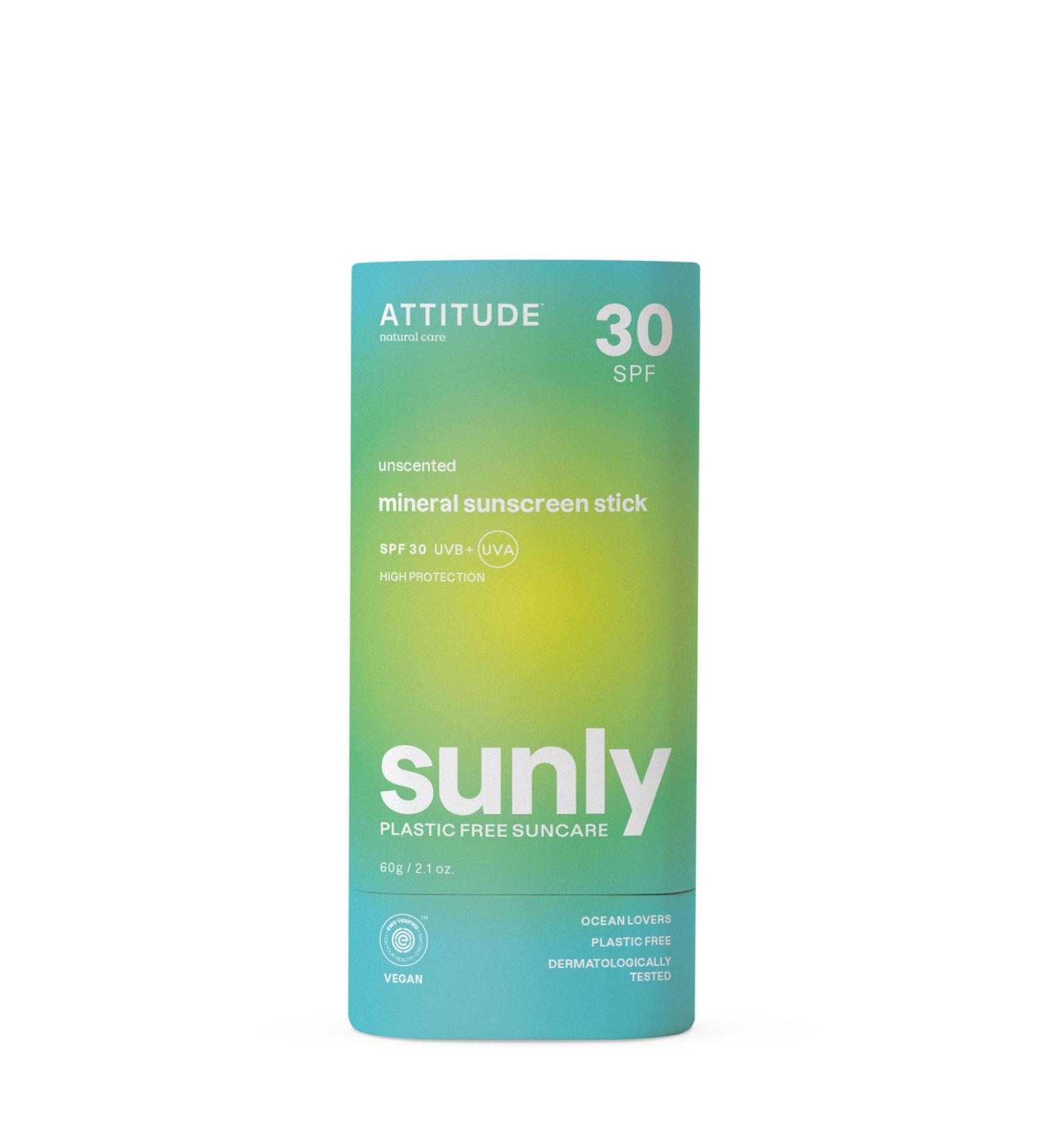  ATTITUDE ATTITUDE Mineral Sunscreen Stick with Zinc Oxide SPF 30 EWG Verified Plastic-Free Broad Spectrum UVA/UVB Protection Dermatologically Tested Vegan Unscented 60 g - Buy Online on GoSupps.com