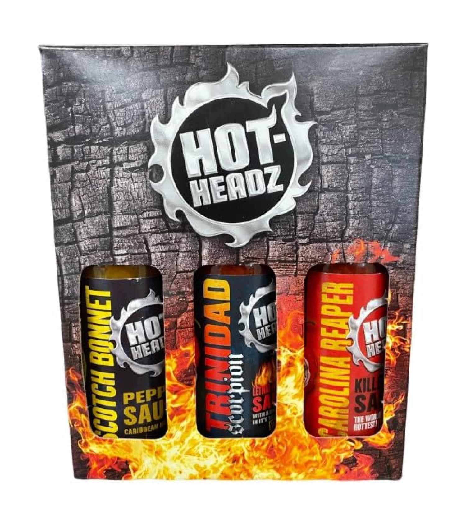 Hot Headz Extra Hot Sauce Gift Set - 3x 148ml Chilli Sauces for Marinades and Dipping | All Natural Spicy Flavours | Variety Box - Buy Online on GoSupps.com