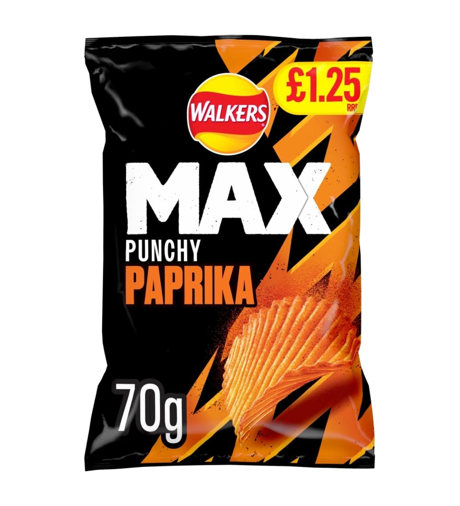 Walkers Max Punchy PAPRIKA Crisps Snacks 15 x 70g Bags - Buy Online on GoSupps.com