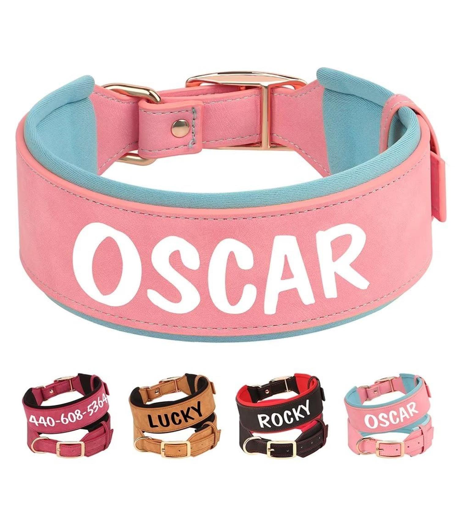 Personalized PU Leather Dog Collar for Big Dogs | Soft Thick Padded Design | Custom Name for Rottweiler & Mastiff | Rosa XL (Neck 48-58cm Width 5cm) - Buy Online on GoSupps.com