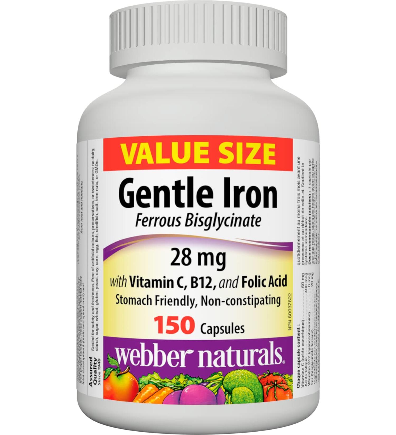 Webber Naturals Gentle Iron Supplement with Vitamin C B12 and Folic Acid 28 mg 150 Capsules Stomach-Friendly Non-Constipating Helps Prevent Iron Deficiency Anemia - Buy Online on GoSupps.com