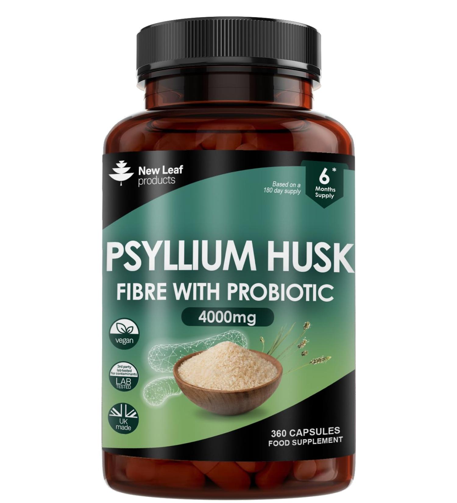 New Leaf 4000mg Psyllium Husk Fiber Supplement with Probiotic Acidophilus - 360 Vegan Capsules - Made in UK - High Strength Soluble Fiber from Plantago Ovata Seeds - Buy Online on GoSupps.com