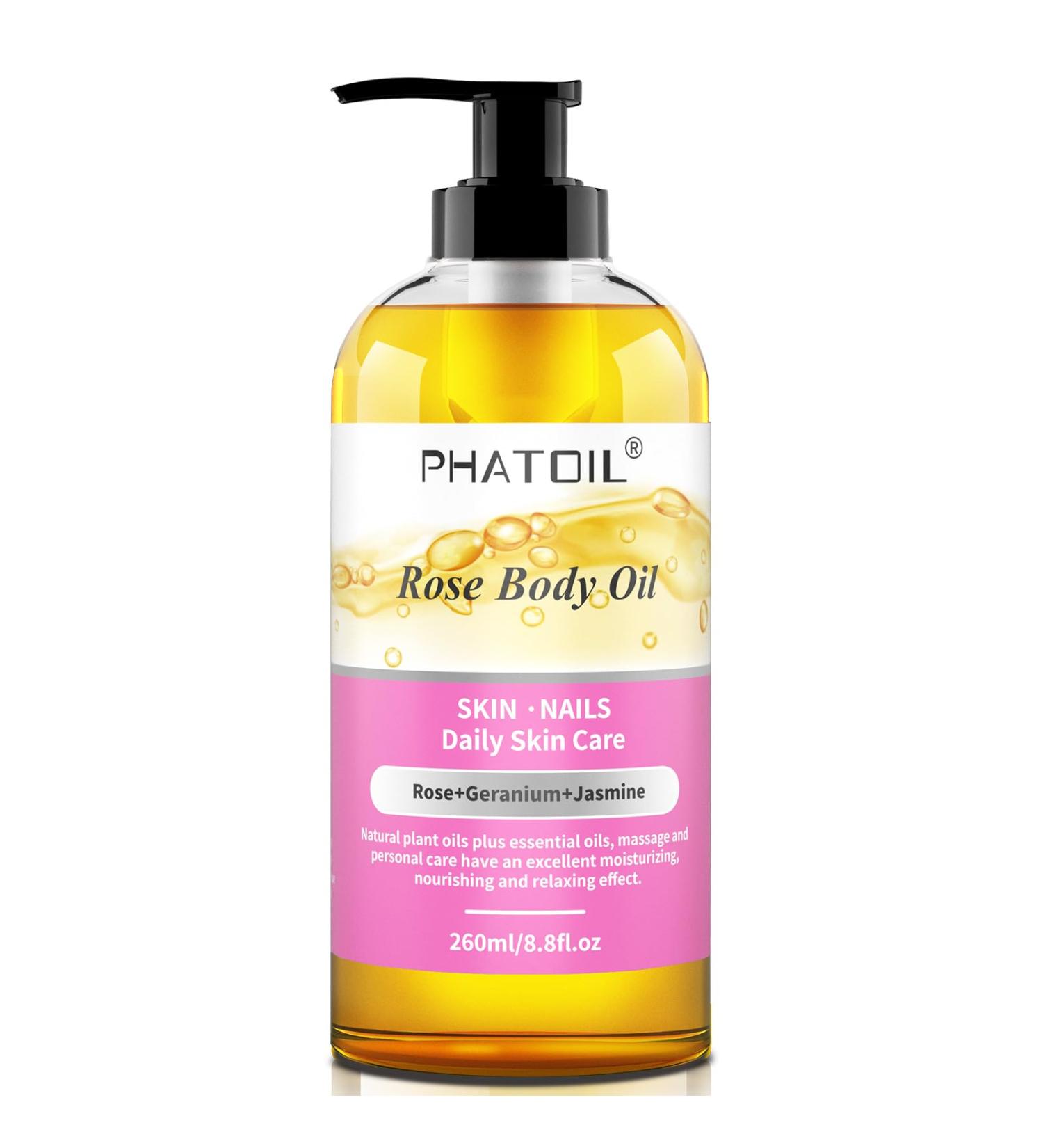 PHATOIL Rose Body Oil with Pump 260 ml (8.8 fl.oz) Premium Quality Massage Oil for All Skin Types Blends of Natural Plant Oils and Essential Oils Rose Oil Scented Body Oils for Women and Men Rose 8.8 Fl Oz (Pack of 1) - Buy Online on GoSupps.com
