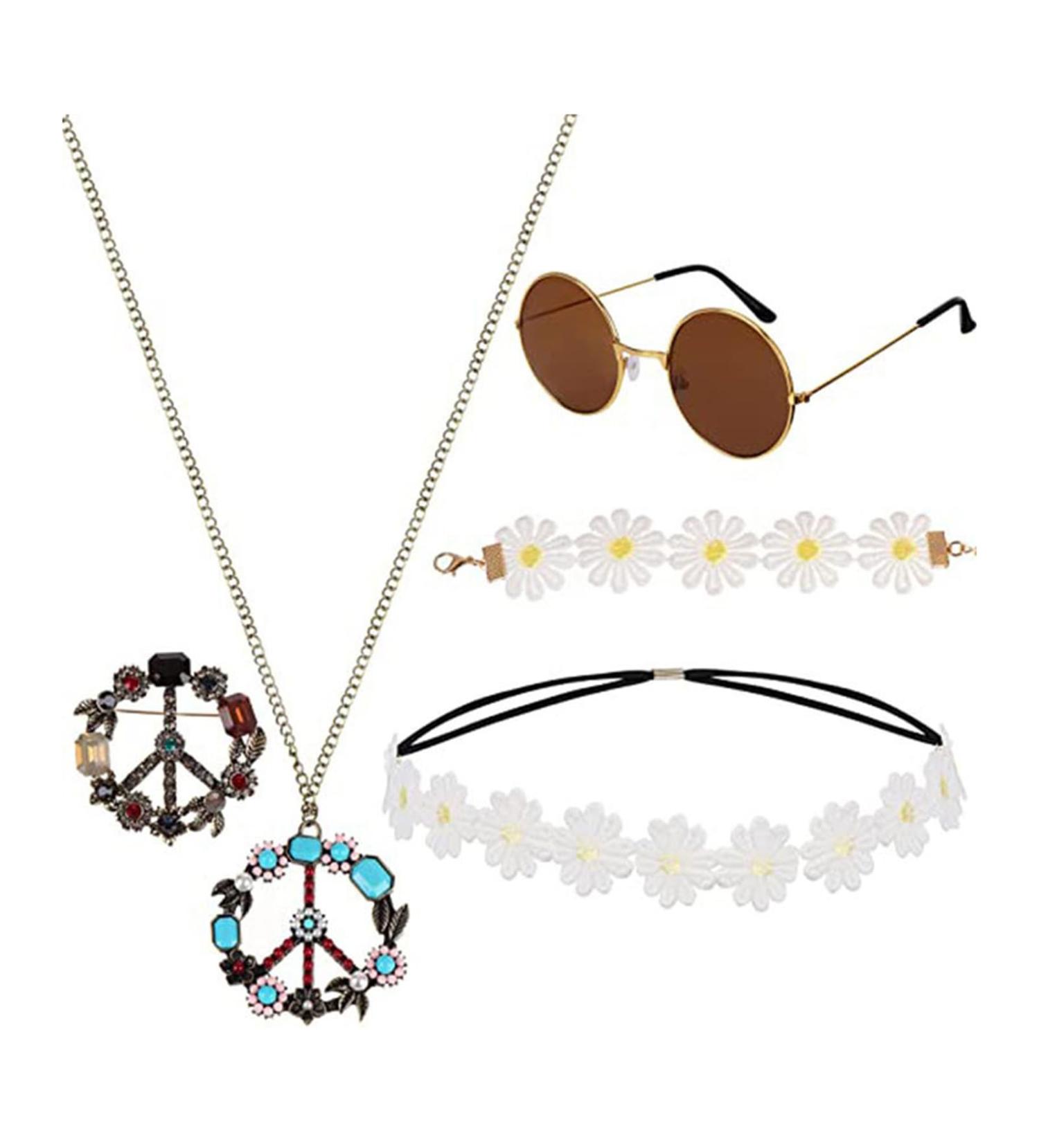 amangul Hippie Costume Set Include Sunglasses Headband Peace Sign Necklace and Earring 60s 70s Style Vintage Costume(Md0906P22) - Buy Online on GoSupps.com