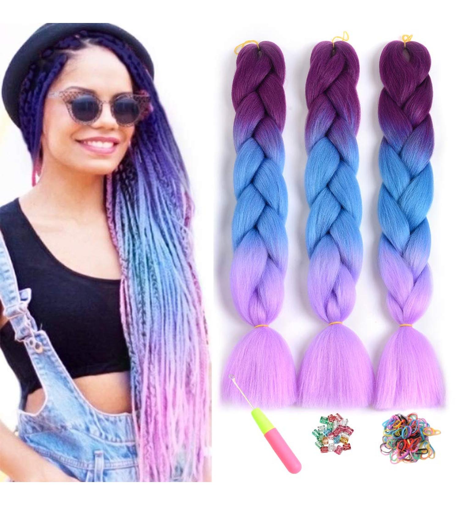 Shop Showjarlly Kanecalon Hair Braids - Ombre Jumbo 24 Extensions in Purple/Navy Blue/Light Violet (3 Pack) - International Shipping Available - Buy Online on GoSupps.com