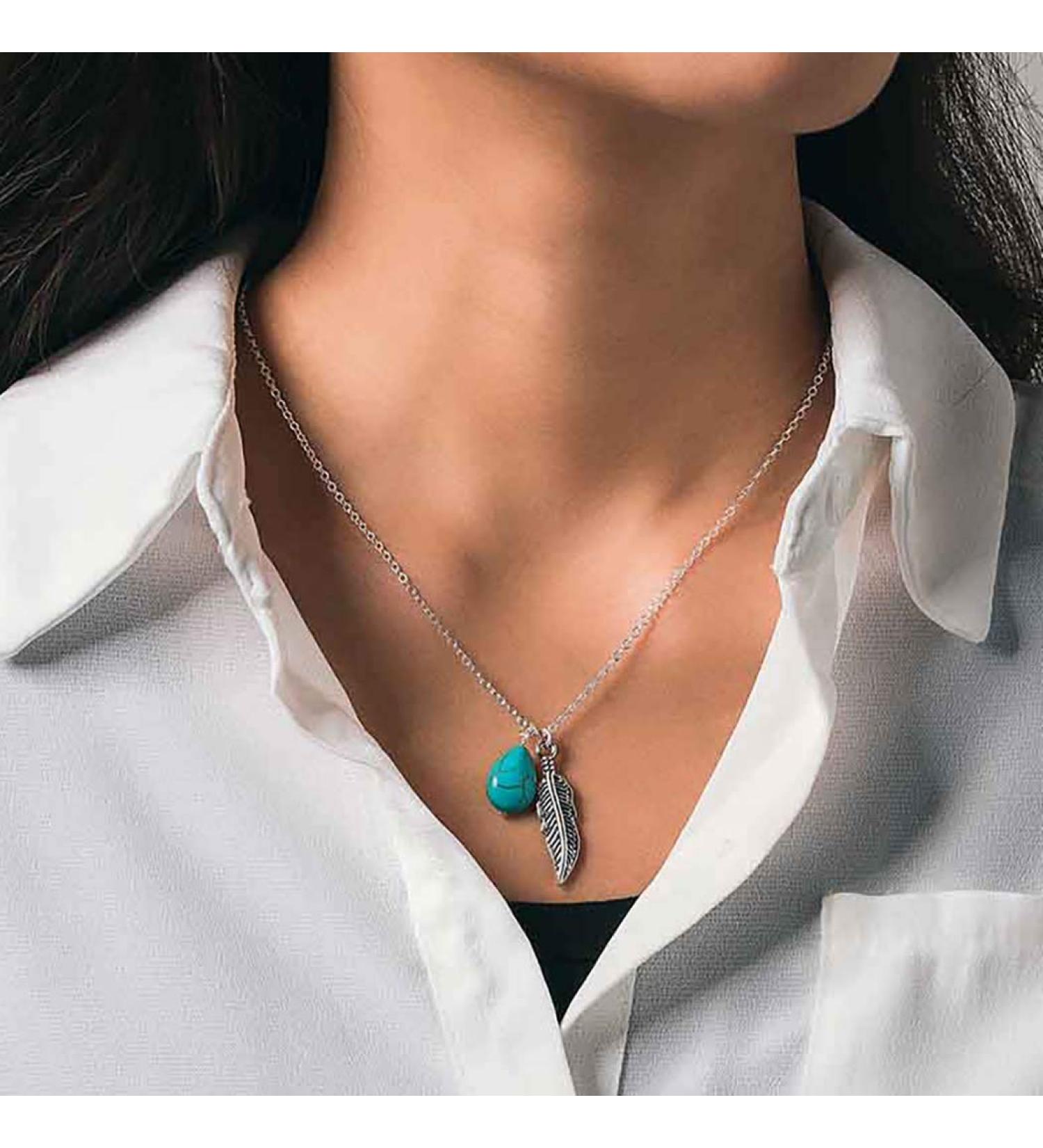Shop Mosako Boho Turquoise Necklace - Silver Feather Pendant - Delicate Jewelry for Women - International Shipping - Buy Online on GoSupps.com