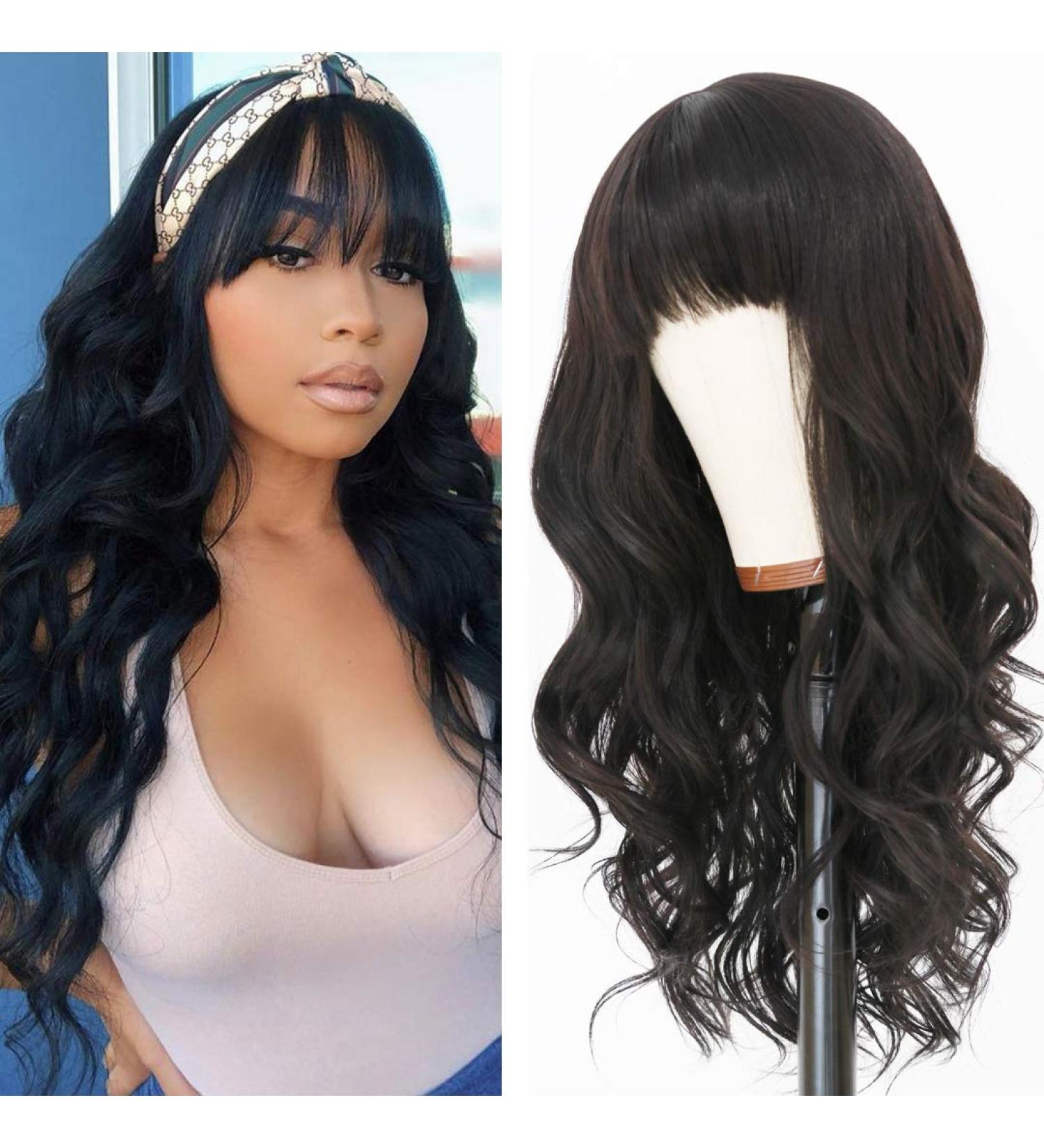 EVLYNN Long Curly Wig with Bangs - Natural Black Synthetic Wig for Women | Glueless Non-Lace Front 24? - Buy Online on GoSupps.com