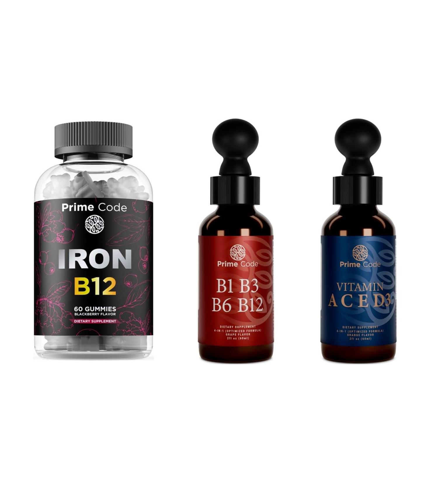 Prime Code Iron Gummies for Women & Men with Vitamin B12 Liquid Vitamin B1 Drops with Vitamin B3 B6 & B12 Liquid Vitamin A Supplement for Women & Men with Vitamin C E and D3 - Buy Online on GoSupps.com