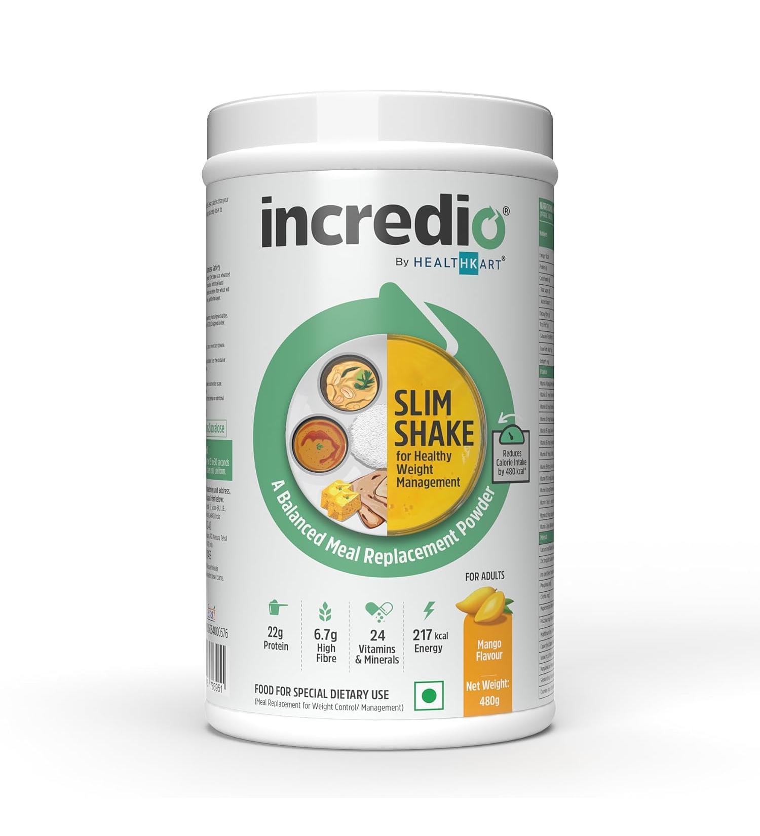 Incredio by HealthKart Slim Shake for Weight Management (Mango 480g) | 22g Triple Blend Protein (Whey Soy & Casein) High Fibre Low Calories 24 Vitamins & Minerals Meal Replacement Shake - Buy Online on GoSupps.com