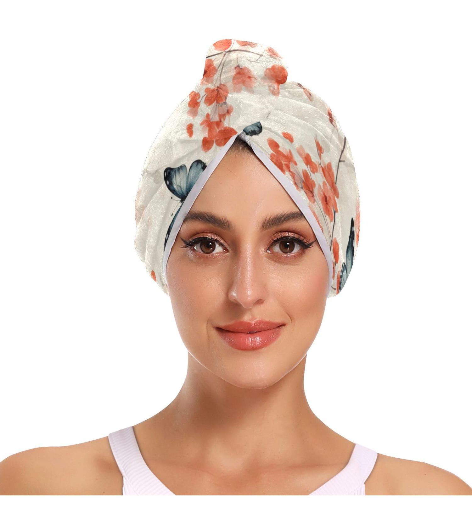 Summer Flowers Butterflies Hair Towel 2 Pack | Super Absorbent Quick Dry Hair Turbans for Women & Girls - Buy Online on GoSupps.com