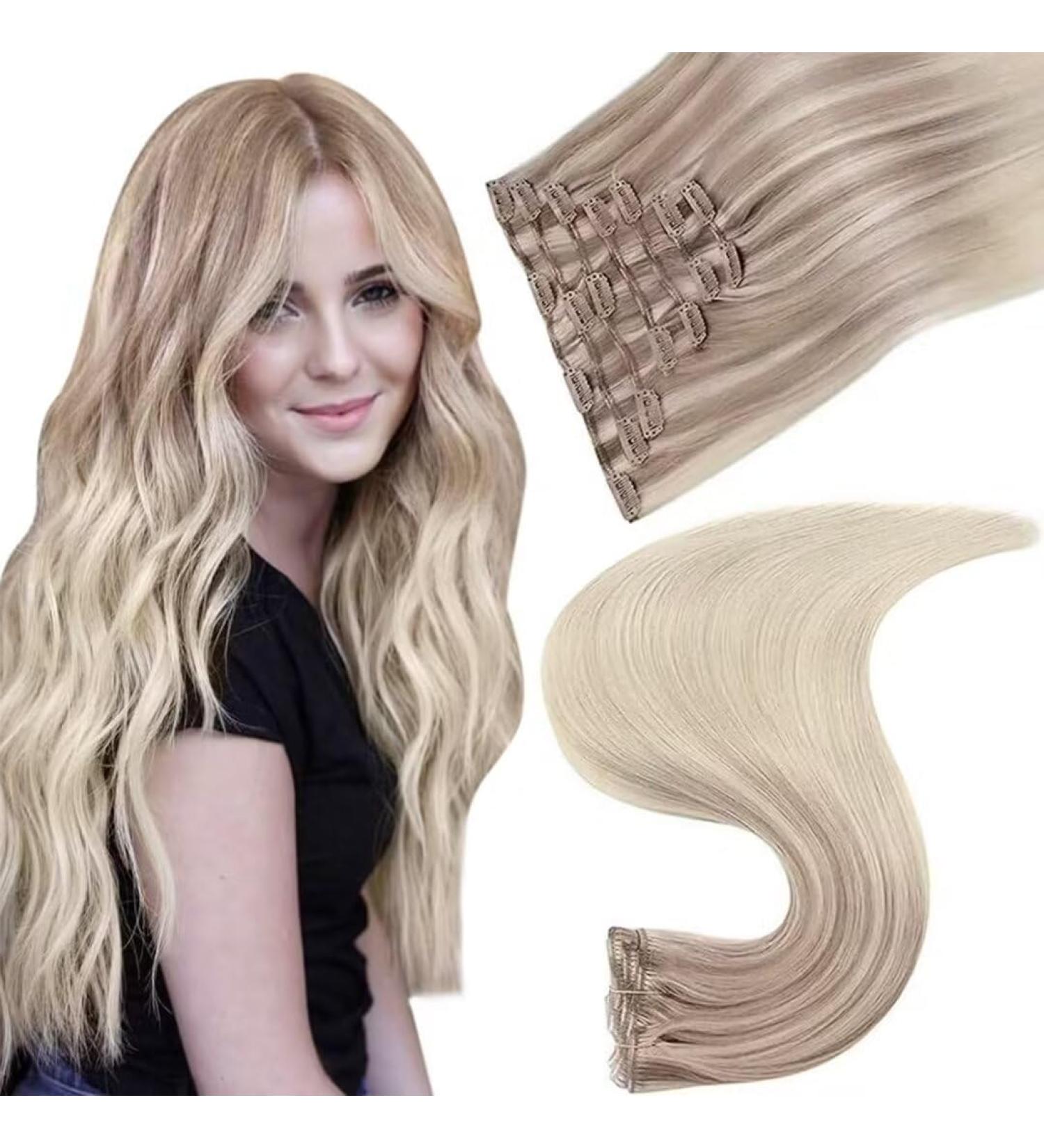 Easyouth Balayage Clip in Hair Extensions 18 Inch 120g 7Pcs Clip Ombre Blonde Human Hair Double Weft Clip in Extensions - Nordic Blonde - Buy Online on GoSupps.com
