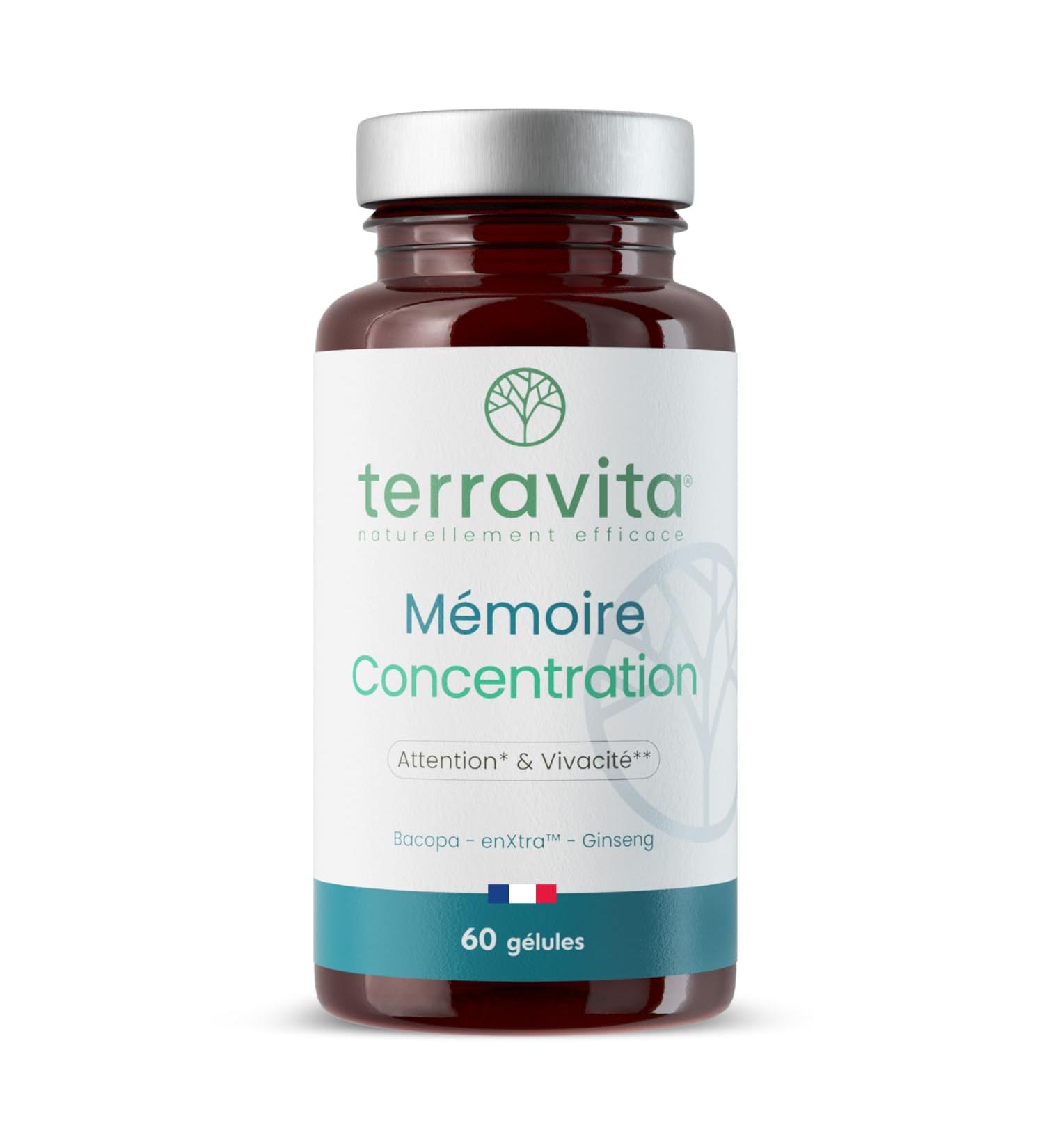 M moire Concentration | Ginseng Rouge de Cor e + Bacopa + Actif Brevet EnXtra | 5 Heures de Vivacit et de Clart Intellectuelle | Nootropique sans Caf ine | 60 G lules | Made in France | Terravita - Buy Online on GoSupps.com