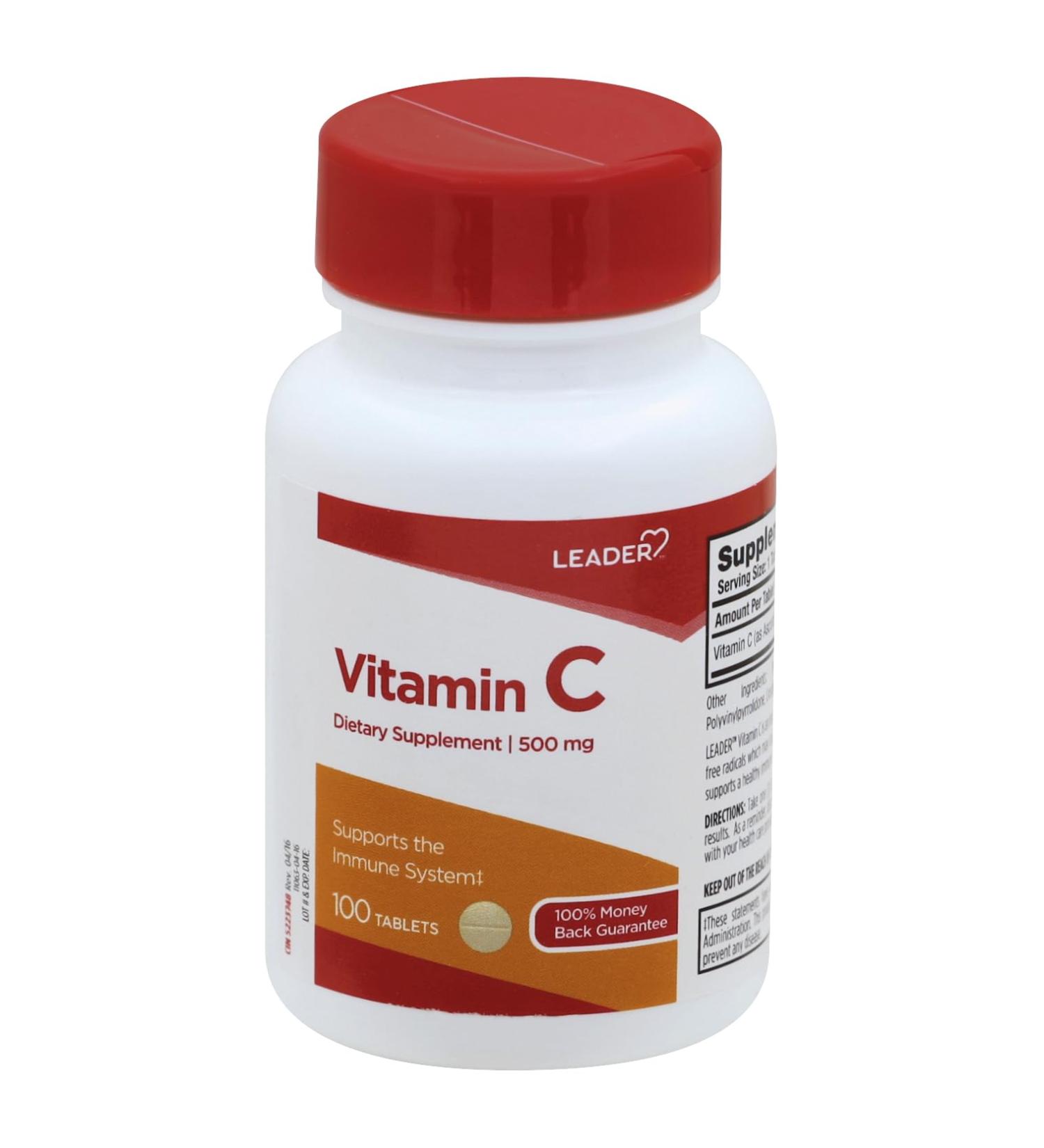 Leader Vitamin C 500MG Tablets 100 Ct. Boost Immune System & Antioxidant Protection 100 Vitamin C - Buy Online on GoSupps.com