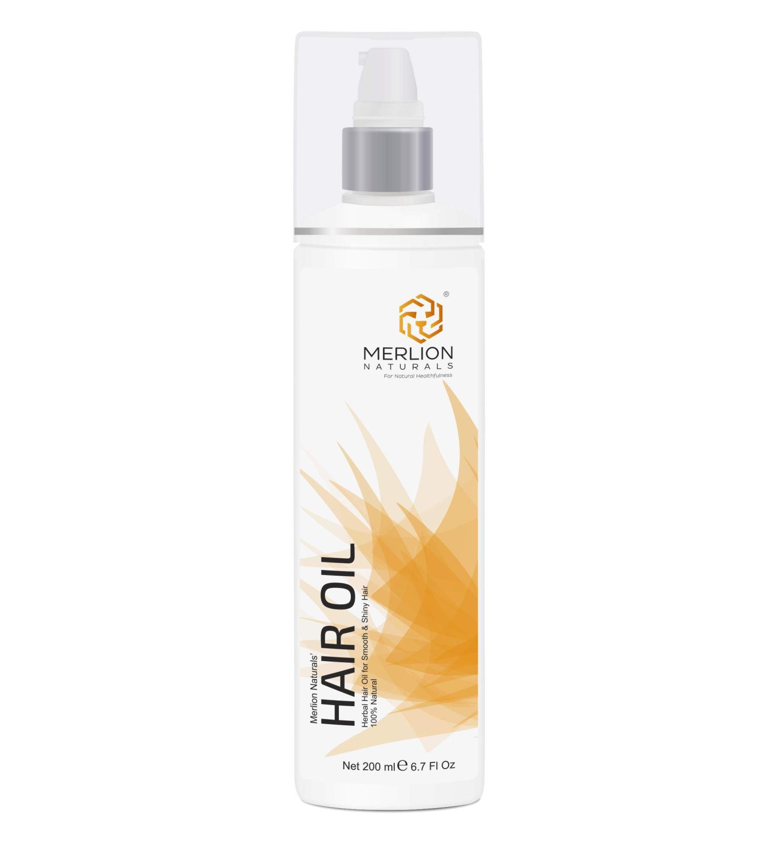 MERLION NATURALS Herbal Hair Oil with 12 Essential Herbs - Amla, Virgin Coconut, Sesame Seed | 200ml/6.7oz | 100% Pure & Natural - Buy Online on GoSupps.com