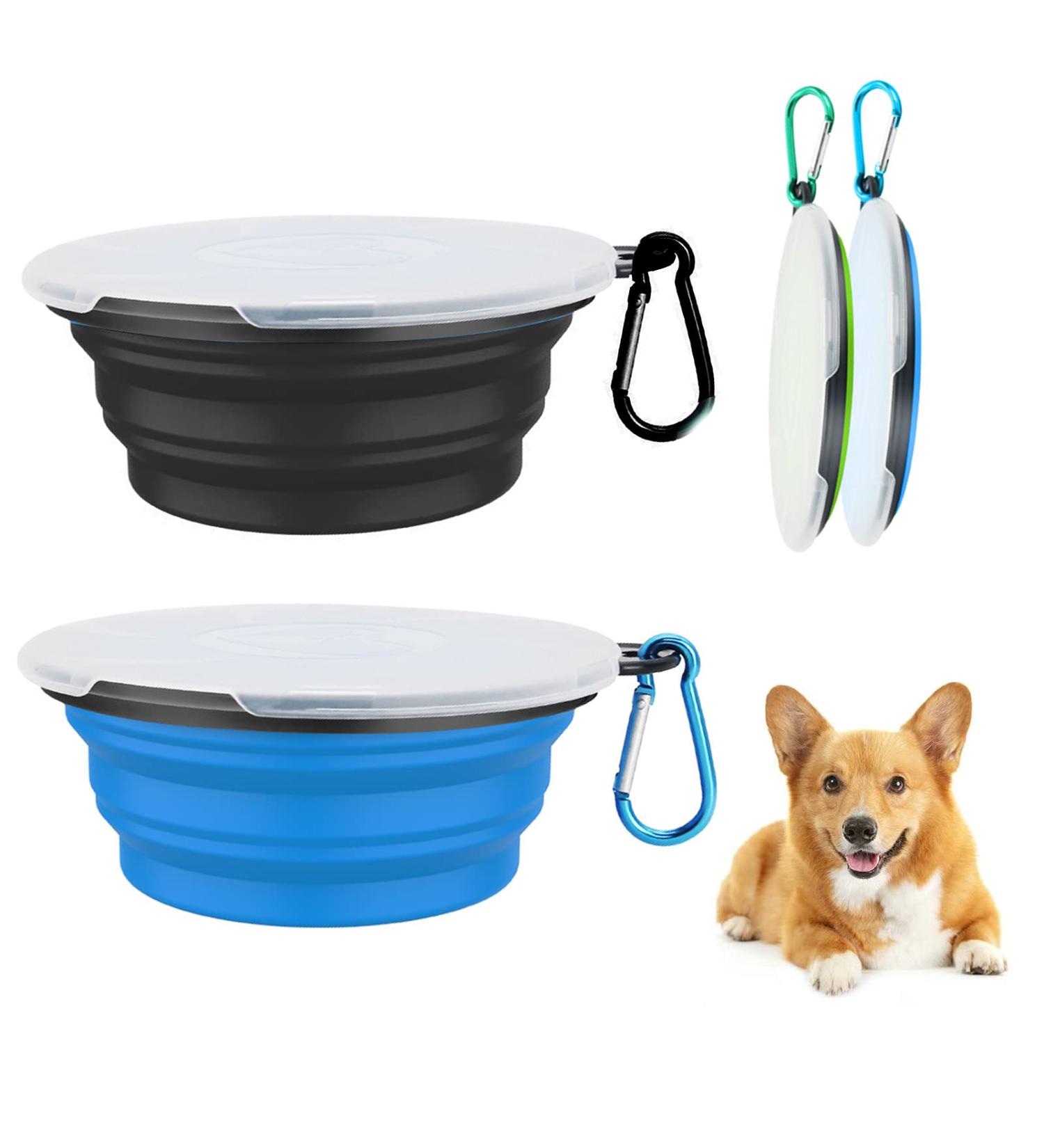 Foldable Dog Travel Bowls (2 Pack) - Safe Silicone Feeding Bowls with Lids & Hooks for Hikes & Camping - 450ml Blue & Black - Buy Online on GoSupps.com
