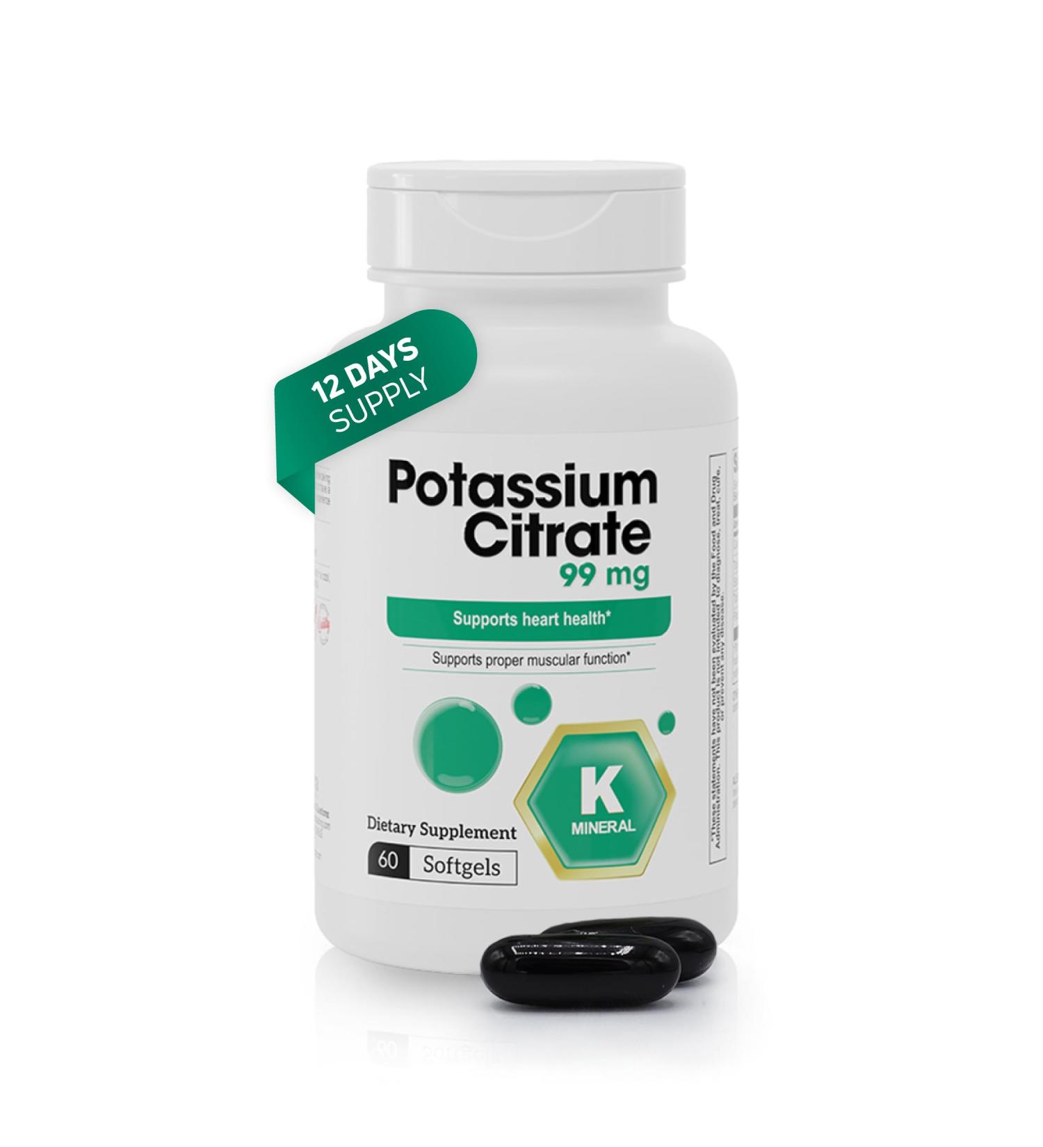 Potassium Citrate Supplement 99 mg Potassium per Softgel for Electrolyte Balance & Muscle Function 60 Softgels - Buy Online on GoSupps.com