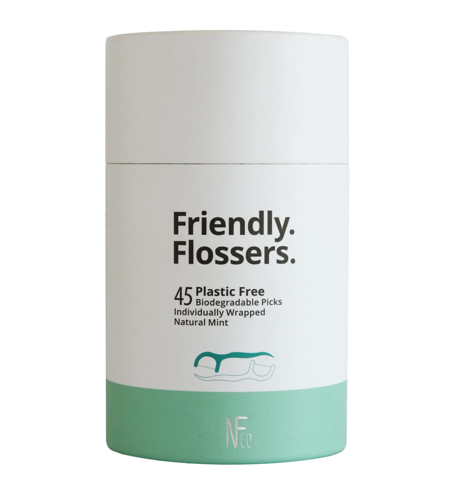 The Natural Family Co. Friendly Flossers individual ally wrapped flowers slides Easily between Teeth Plastic Free Packaging and 100% vegan natural mint flavor 45 pack