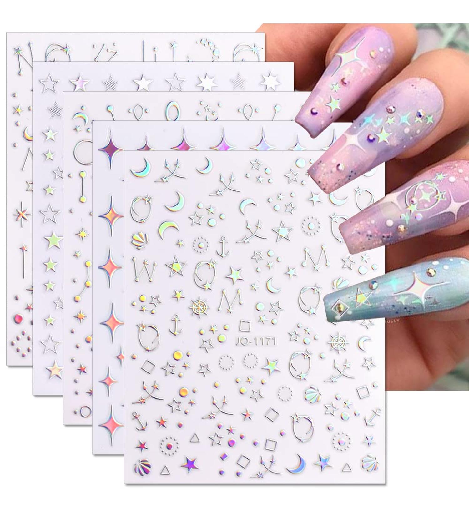 Dornail Aurora Silver Star Moon Planet 3D Holographic Nail Stickers - 6 Sheets | Self-Adhesive DIY Nail Art Decals - Buy Online on GoSupps.com