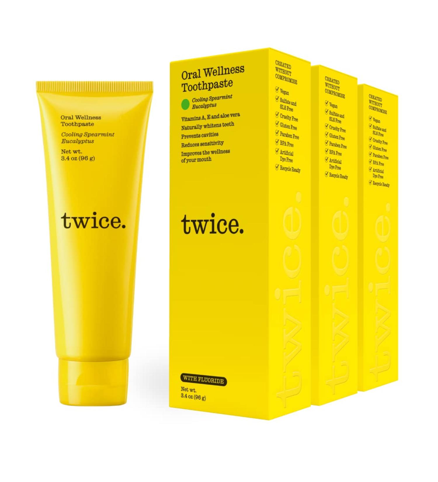 Twice Vegan Toothpaste for Sensitive Teeth - Cool Spearmint Eucalyptus - SLS Free, Fluoride & Cavity Protection - 3-Pack 3.4oz - Buy Online on GoSupps.com