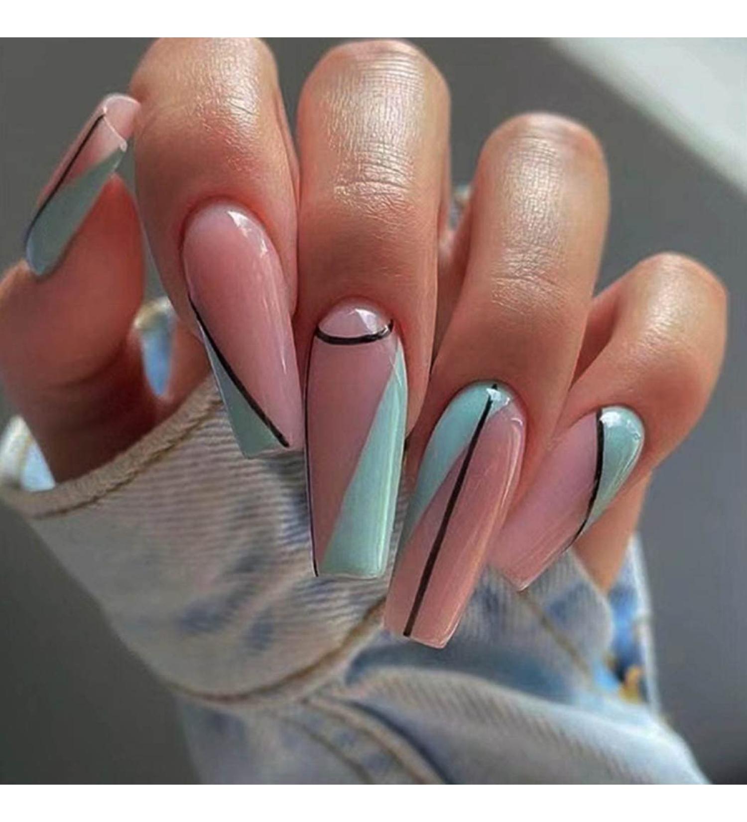 Handcess coffin French false nails long glossy ballerina press on the nails pink blue blue acrylic fake nail stick on the nails for women and girls (24 pieces)