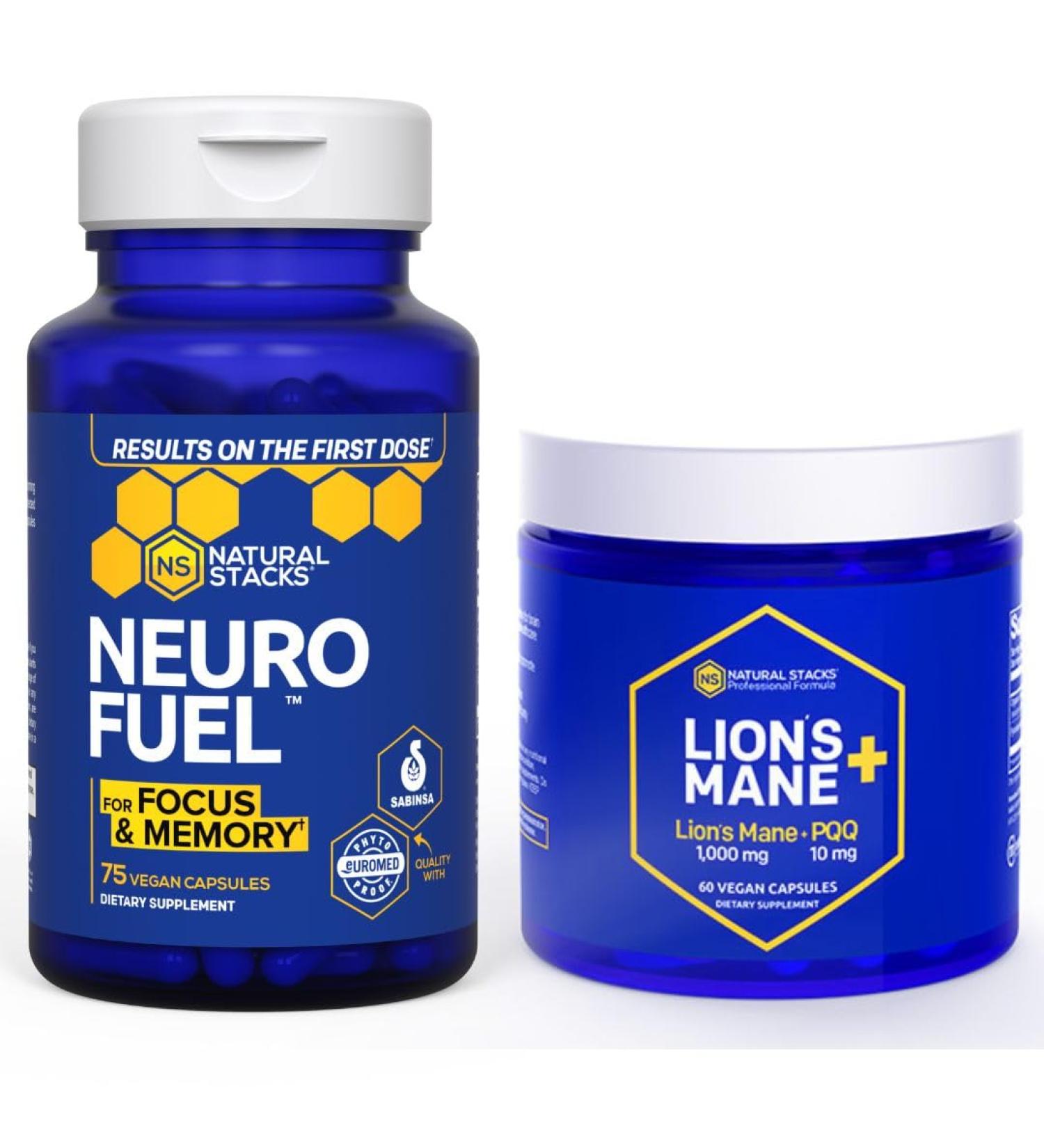 NATURAL STACKS Lions Mane Mushroom + NeuroFuel Nootropic Supplement Bundle - Supports Memory Focus & Learning - 135 Capsules - Buy Online on GoSupps.com