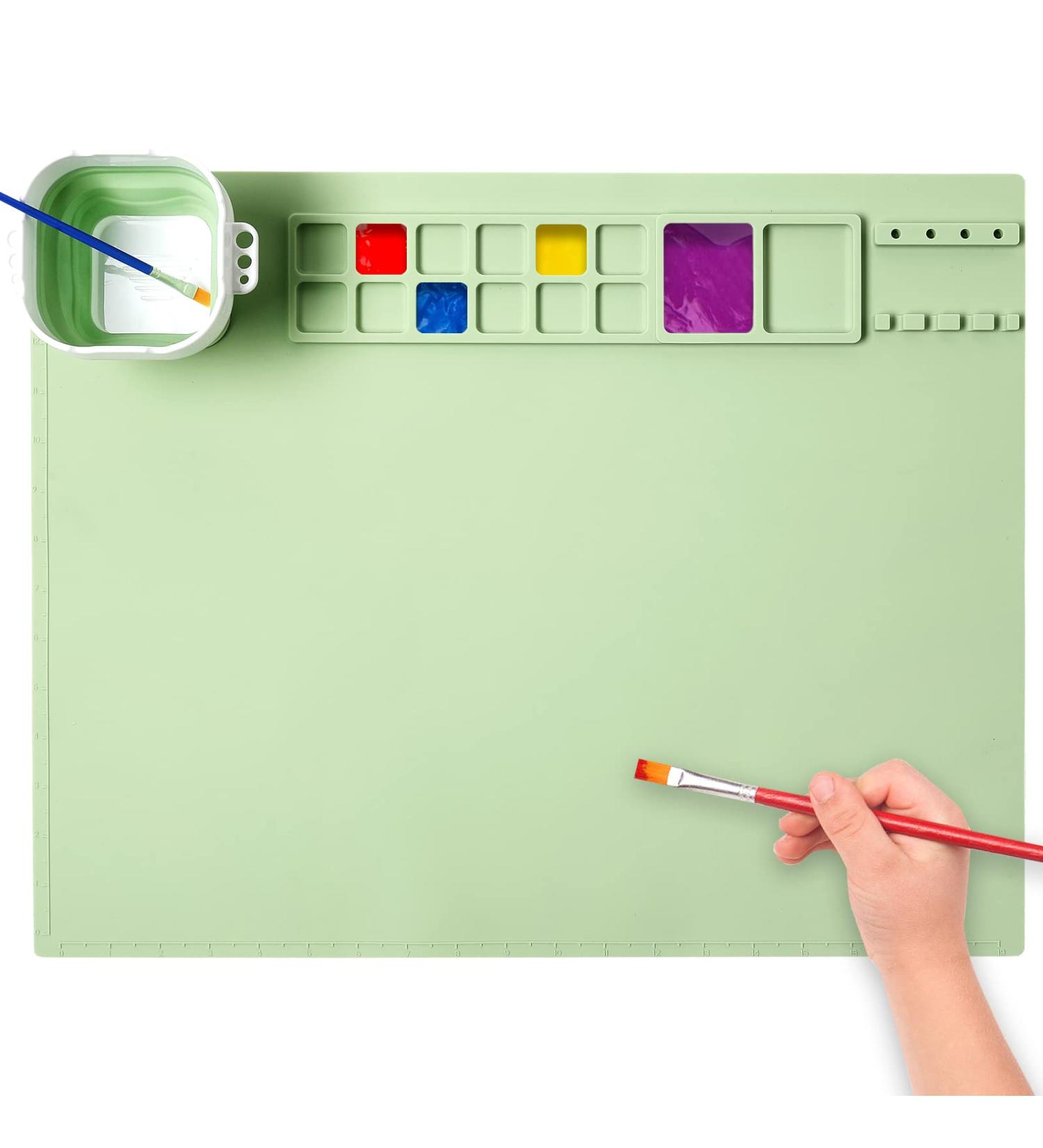 AWOKE Silicone Painting Mat - 20 X16 Green Silicone Art Mat for Kids with 1 Water Cup - Craft Mat with Color Dividers and Paint Dividers - Buy Online on GoSupps.com