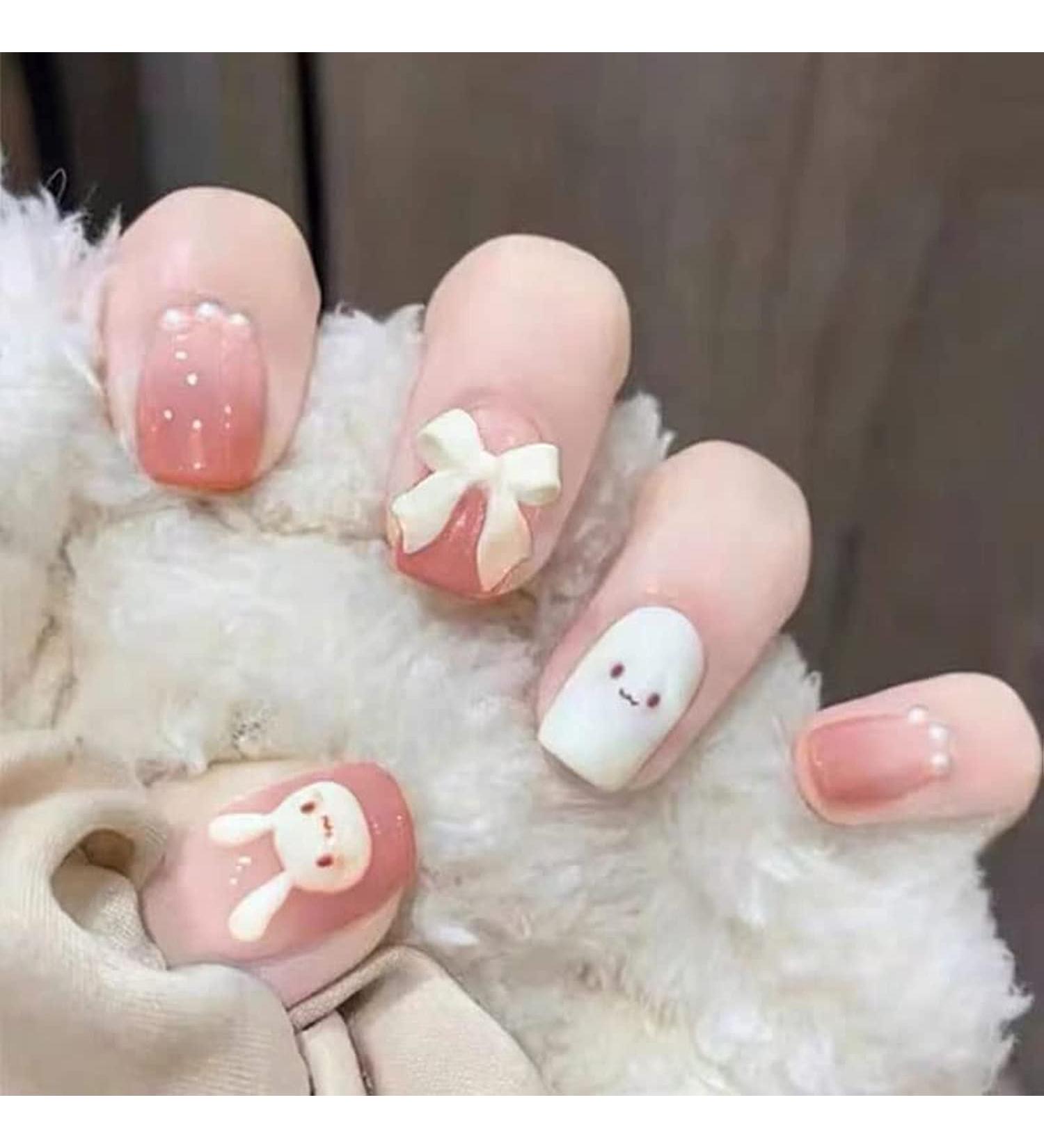 Cute Bunny Press on Nails for Women Kid Short Easter Fake Nail Cute Rabbit Fake Nails with Glue Short Full Cover False Nail Tips Stick on Nails Lovely Gift Girls Nail Art Decoration -Pink - Buy Online on GoSupps.com